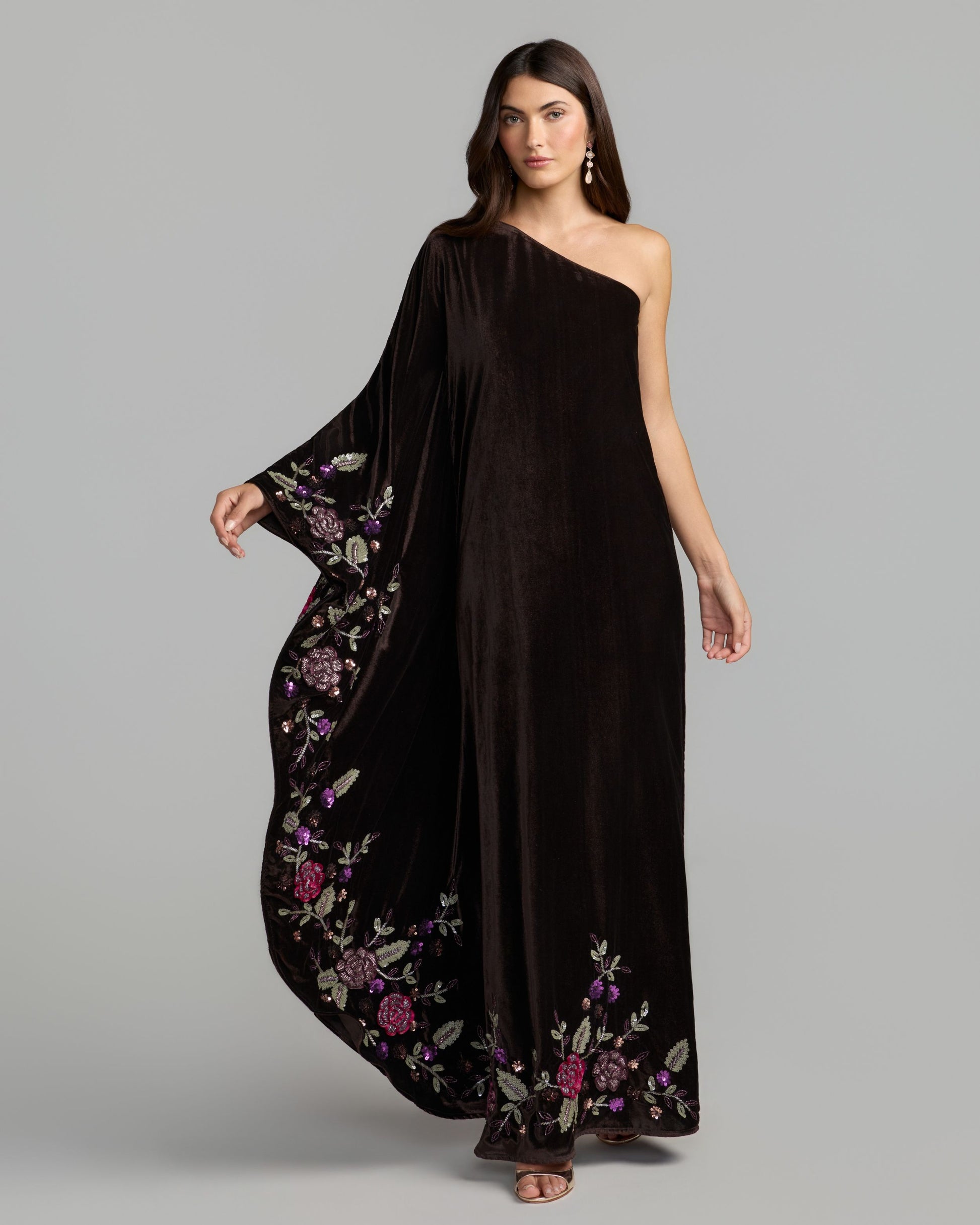 Burgundy Embellished Velvet Kaftan Gown Mac Duggal