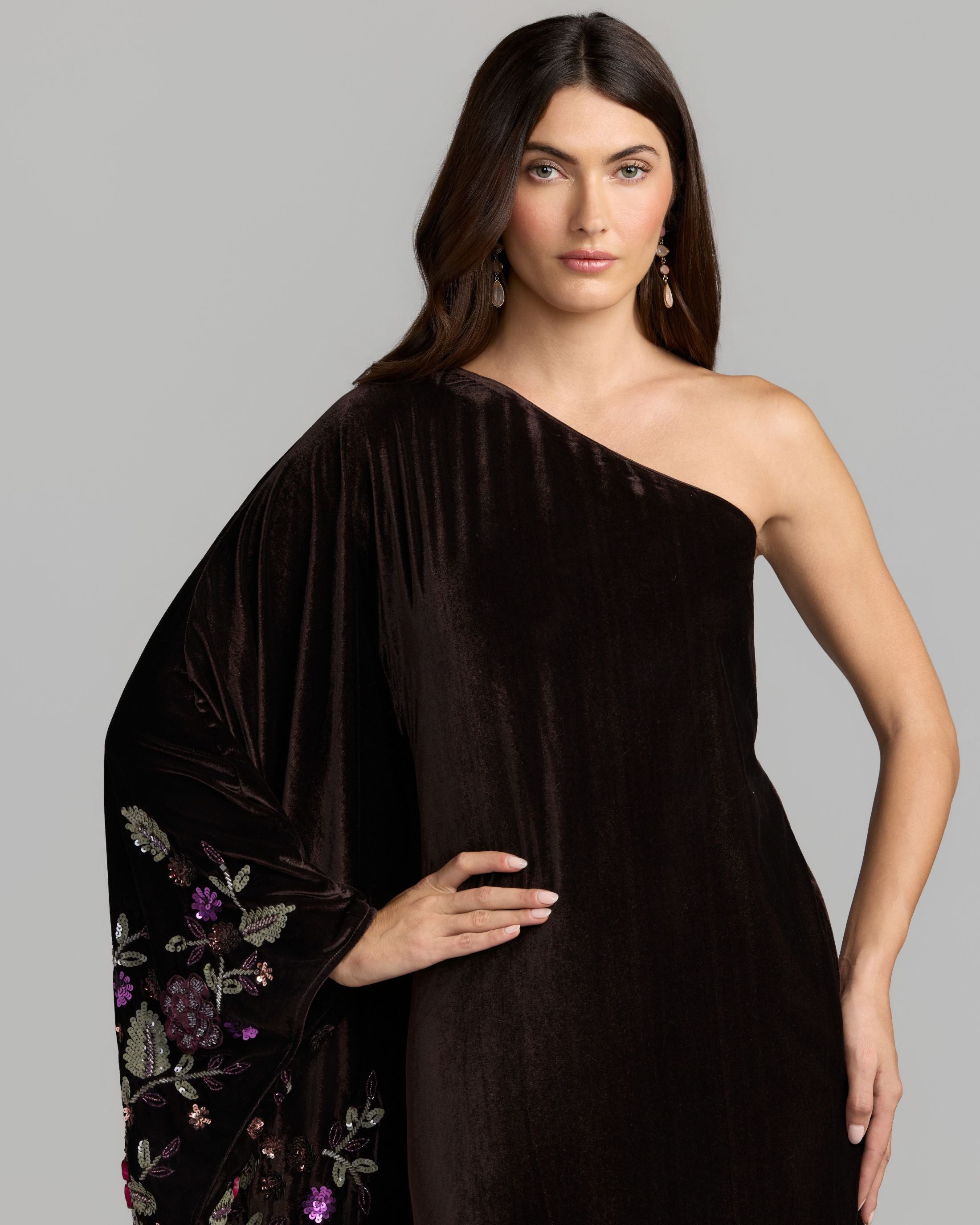 Burgundy Embellished Velvet Kaftan Gown Mac Duggal