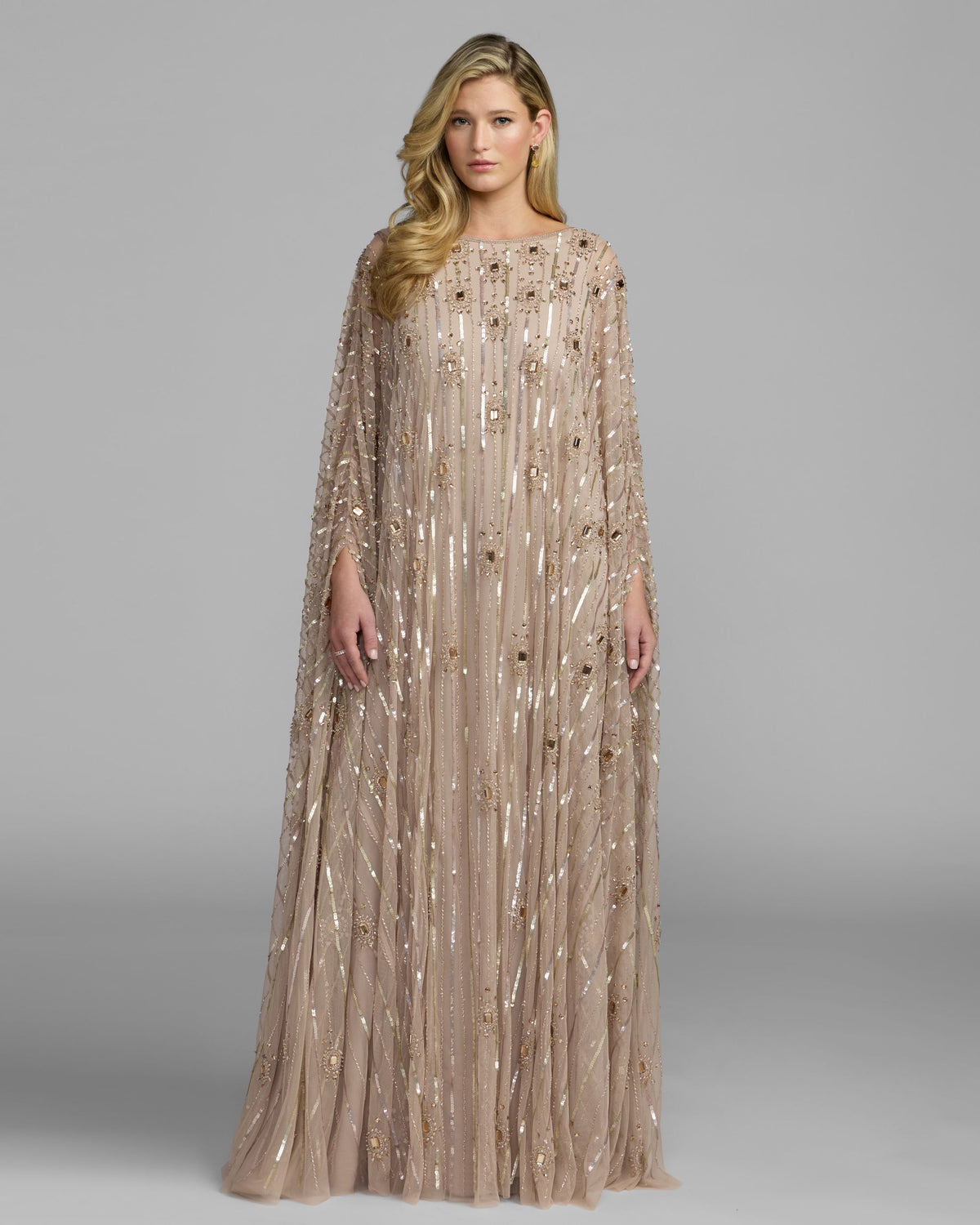 Champagne Beaded Boat Neck Kaftan Gown - Mac Duggal 