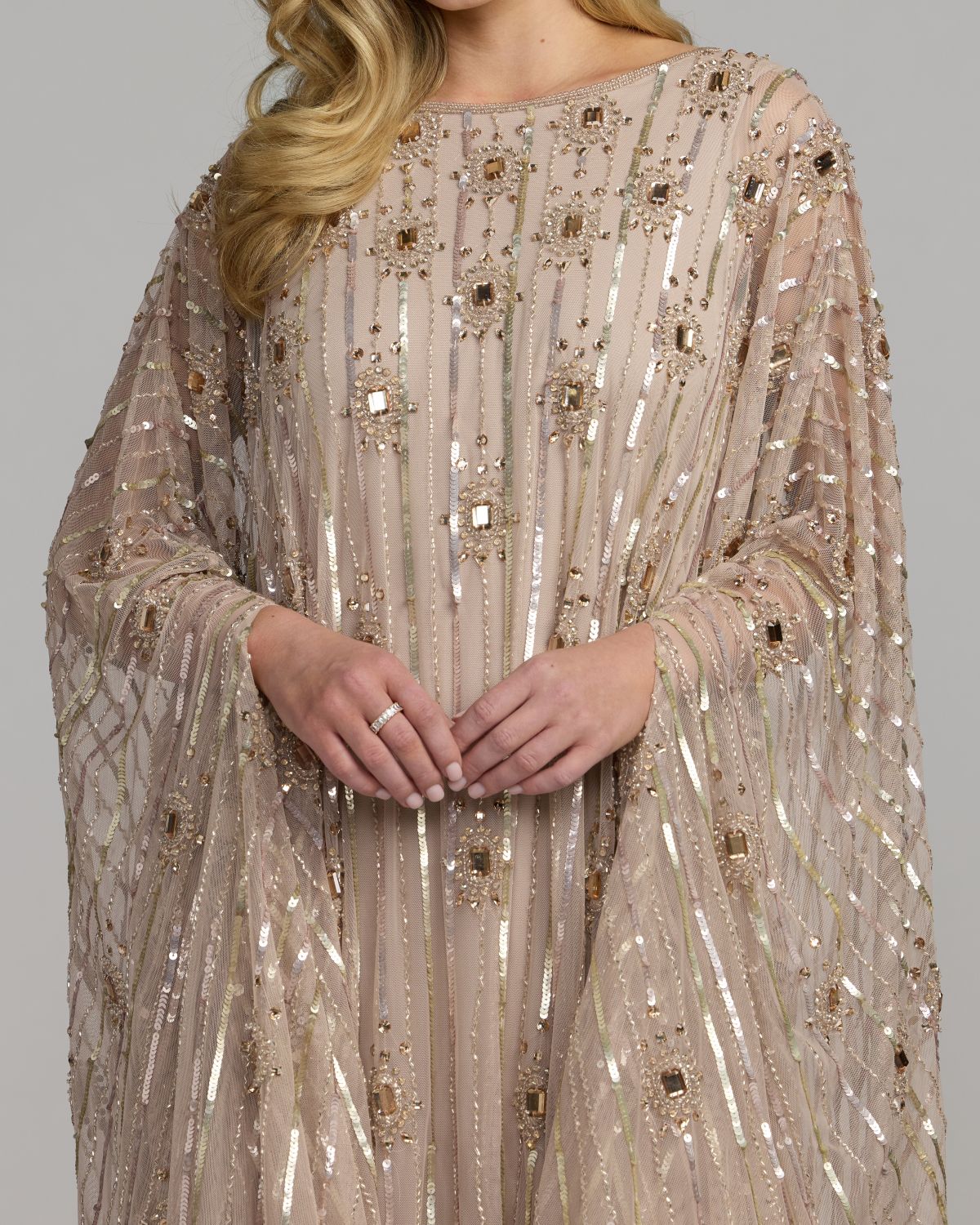Champagne Beaded Boat Neck Kaftan Gown - Mac Duggal 