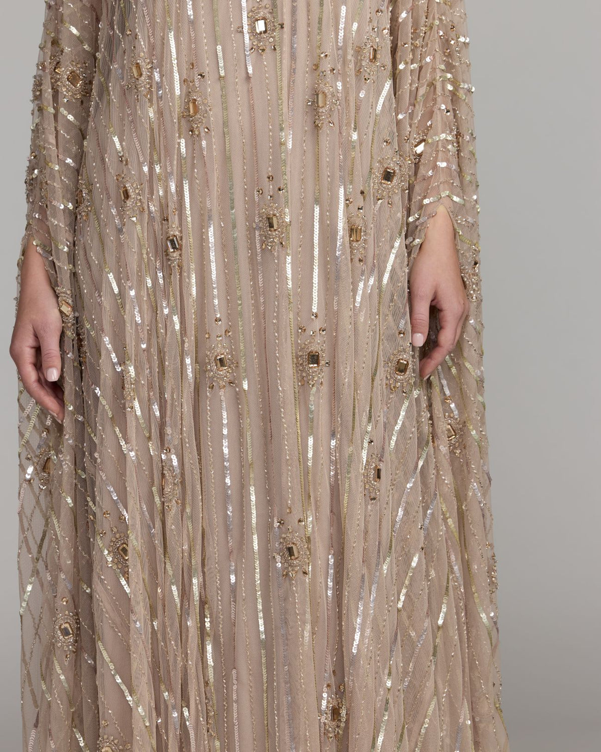 Champagne Beaded Boat Neck Kaftan Gown - Mac Duggal 
