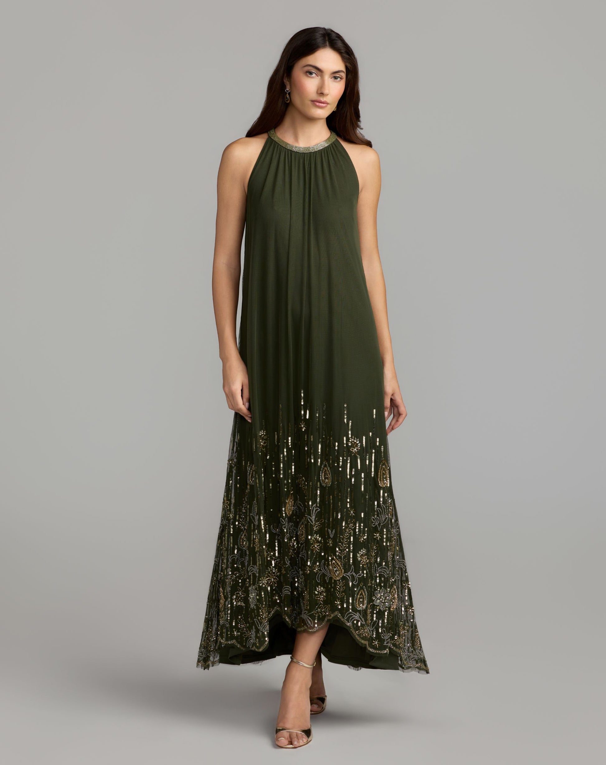 Green Sleeveless Embellished Scallop Hem Trapeze Dress - Mac Duggal