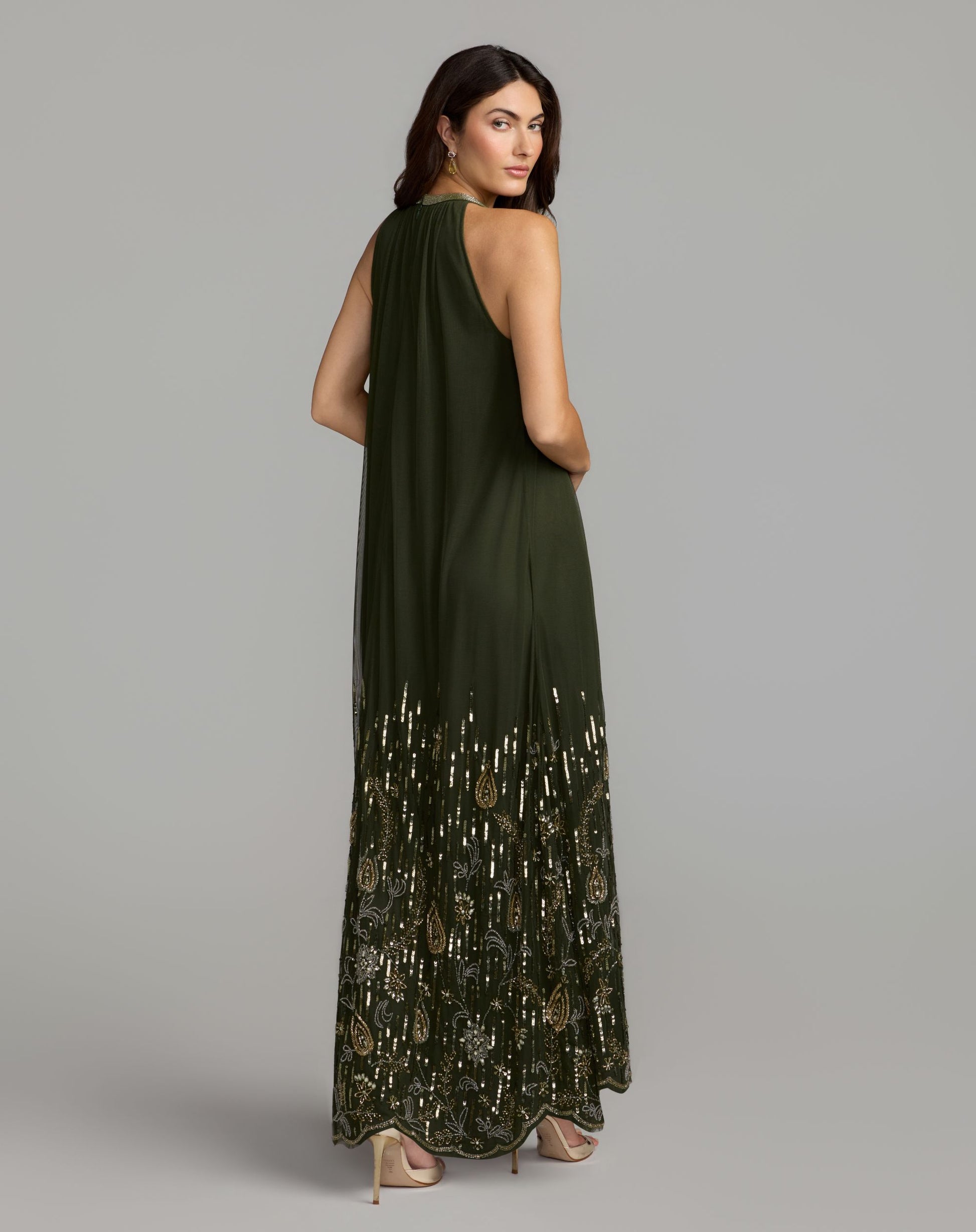 Green Sleeveless Embellished Scallop Hem Trapeze Dress - Mac Duggal