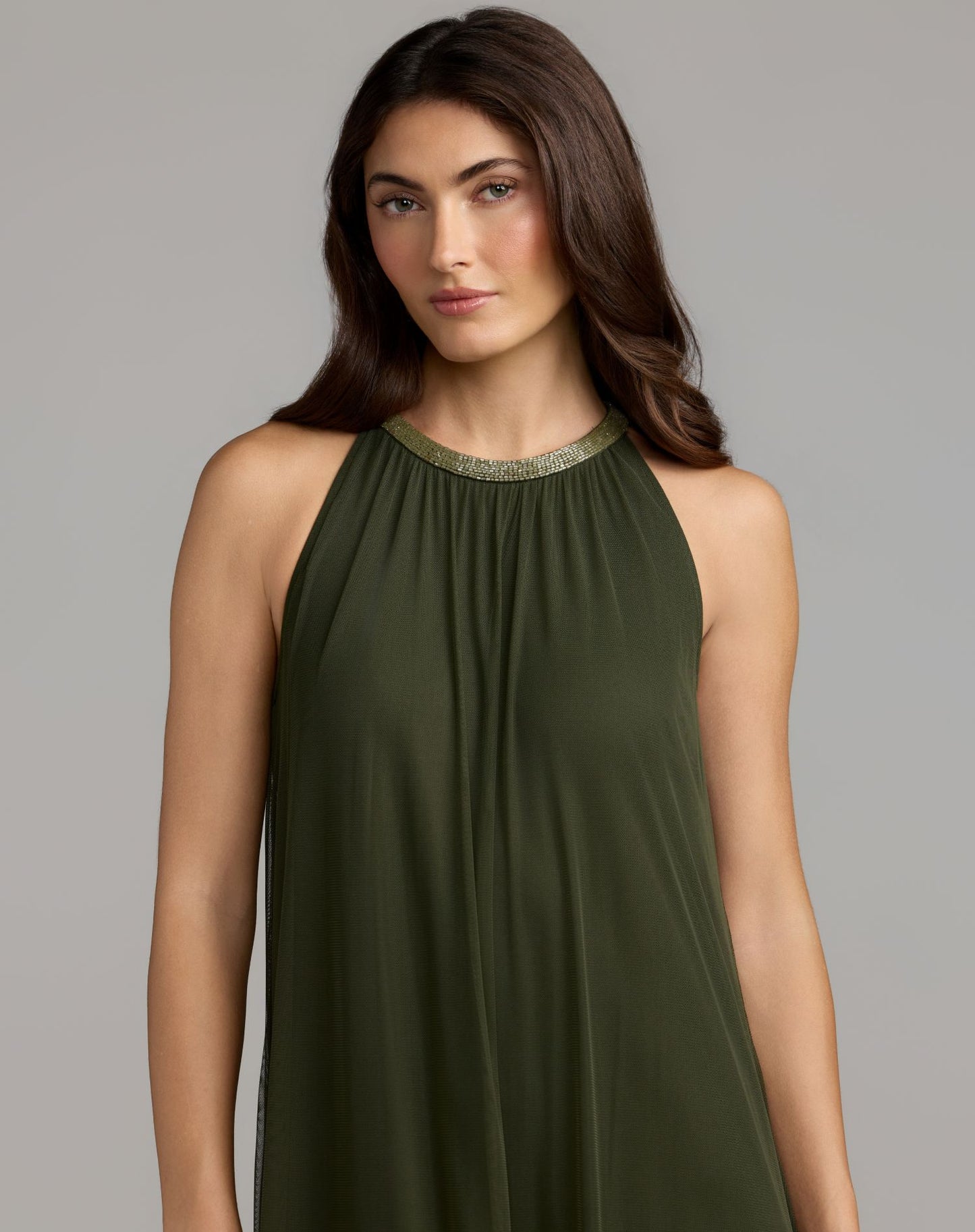 Green Sleeveless Embellished Scallop Hem Trapeze Dress - Mac Duggal