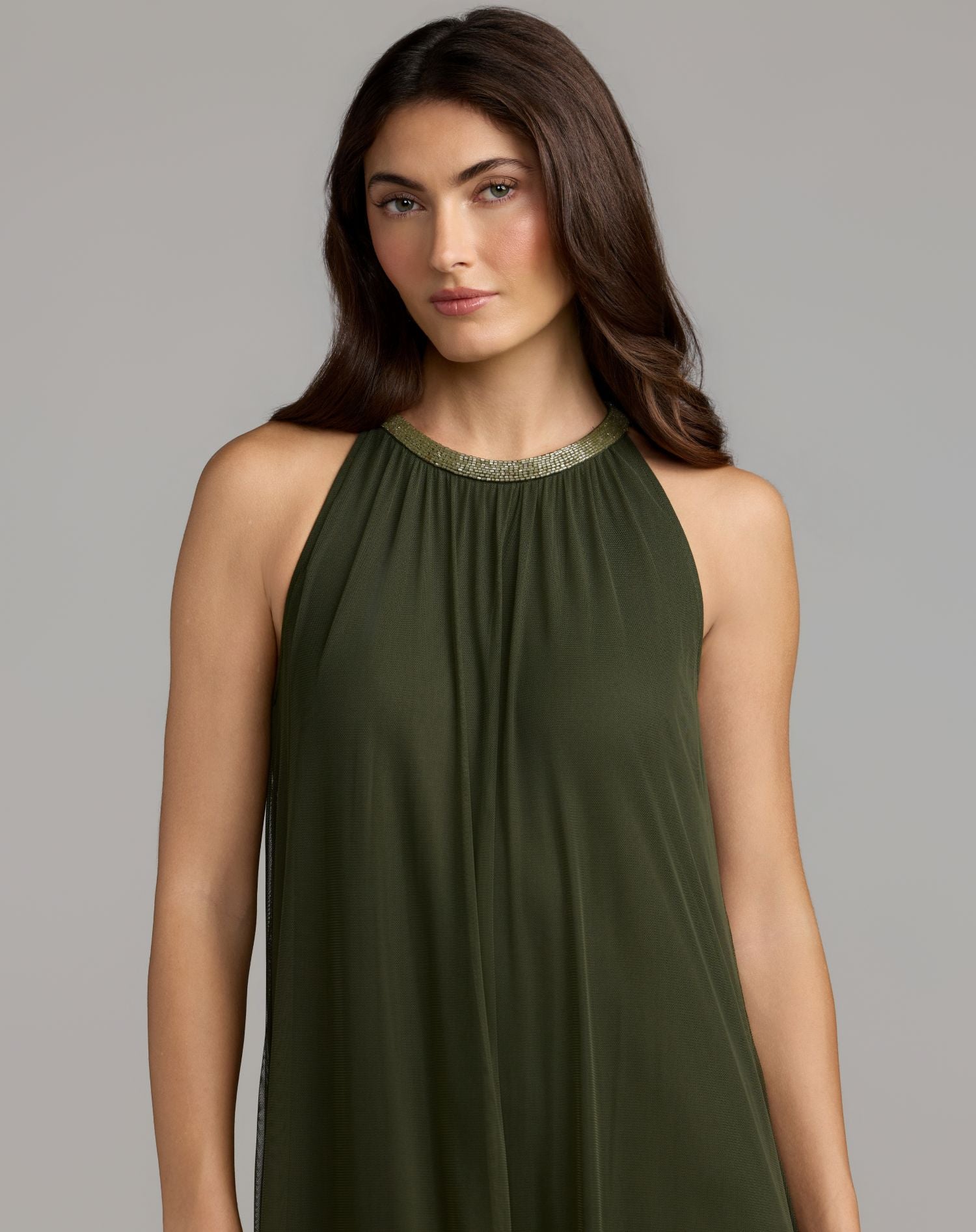 Green Sleeveless Embellished Scallop Hem Trapeze Dress - Mac Duggal