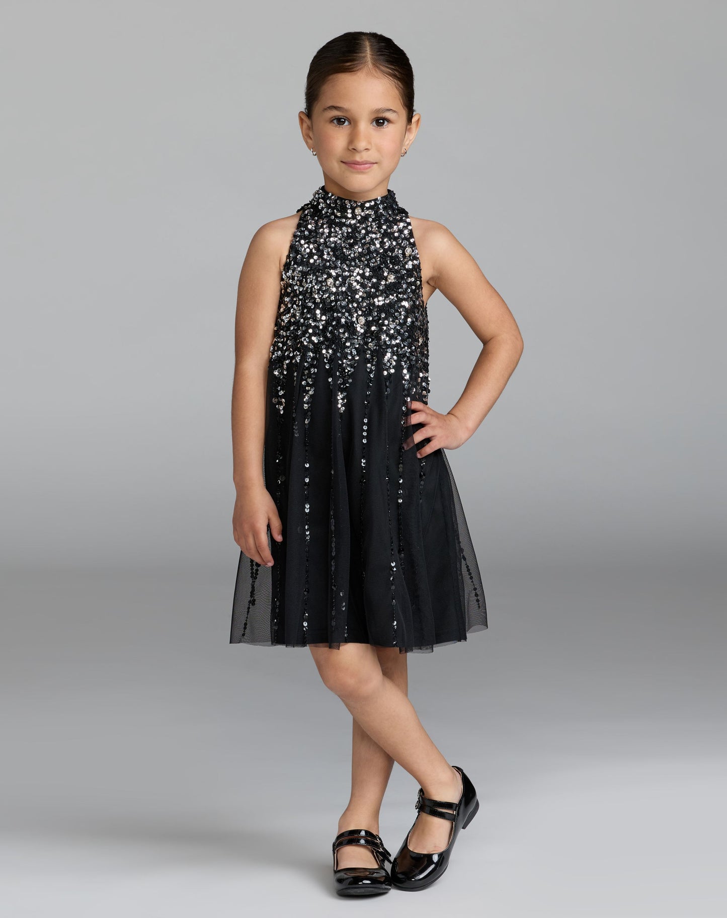 Girls Black Sleeveless High Neck Sequin Dress - Mac Duggal