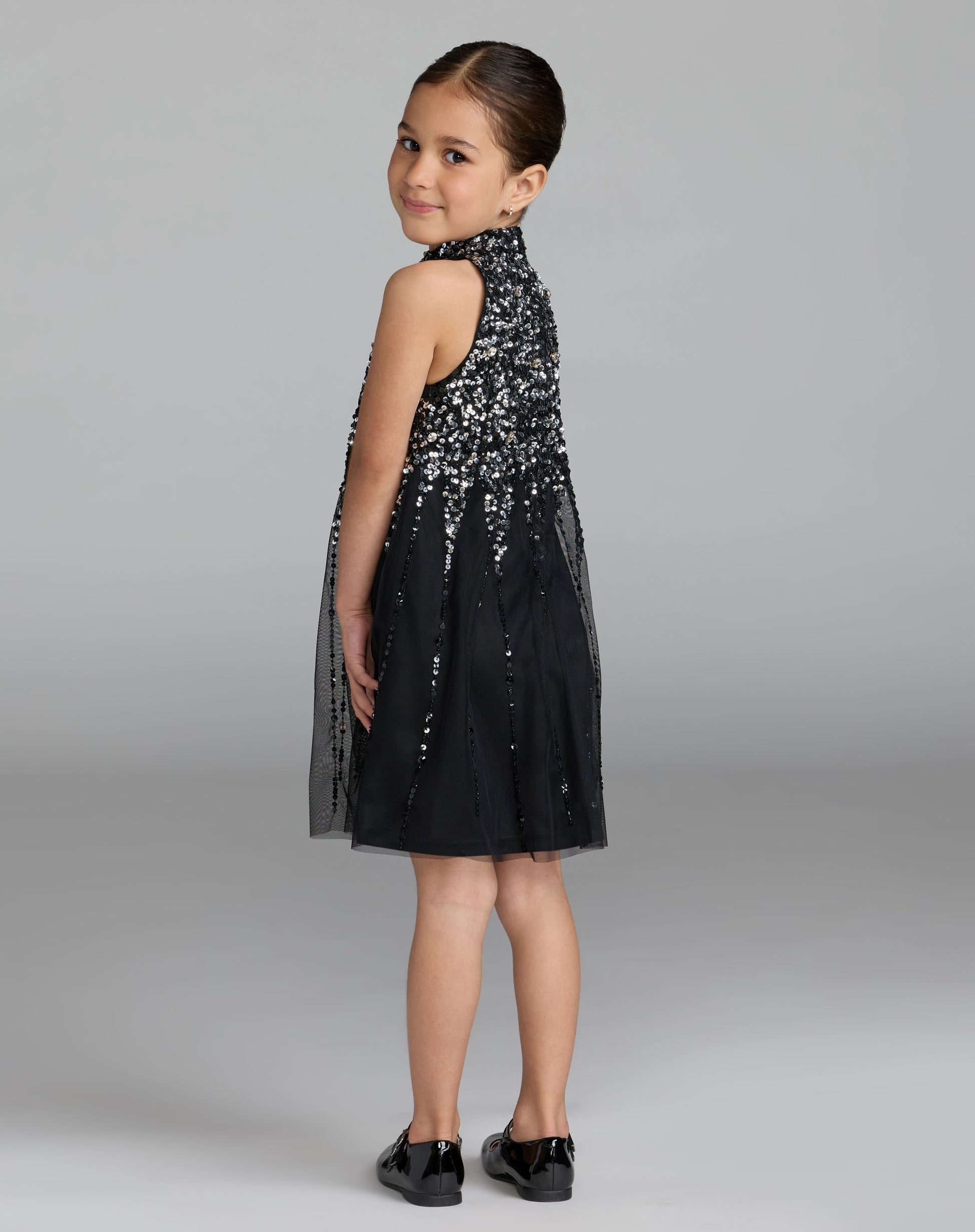 Girls Black Sleeveless High Neck Sequin Dress - Mac Duggal