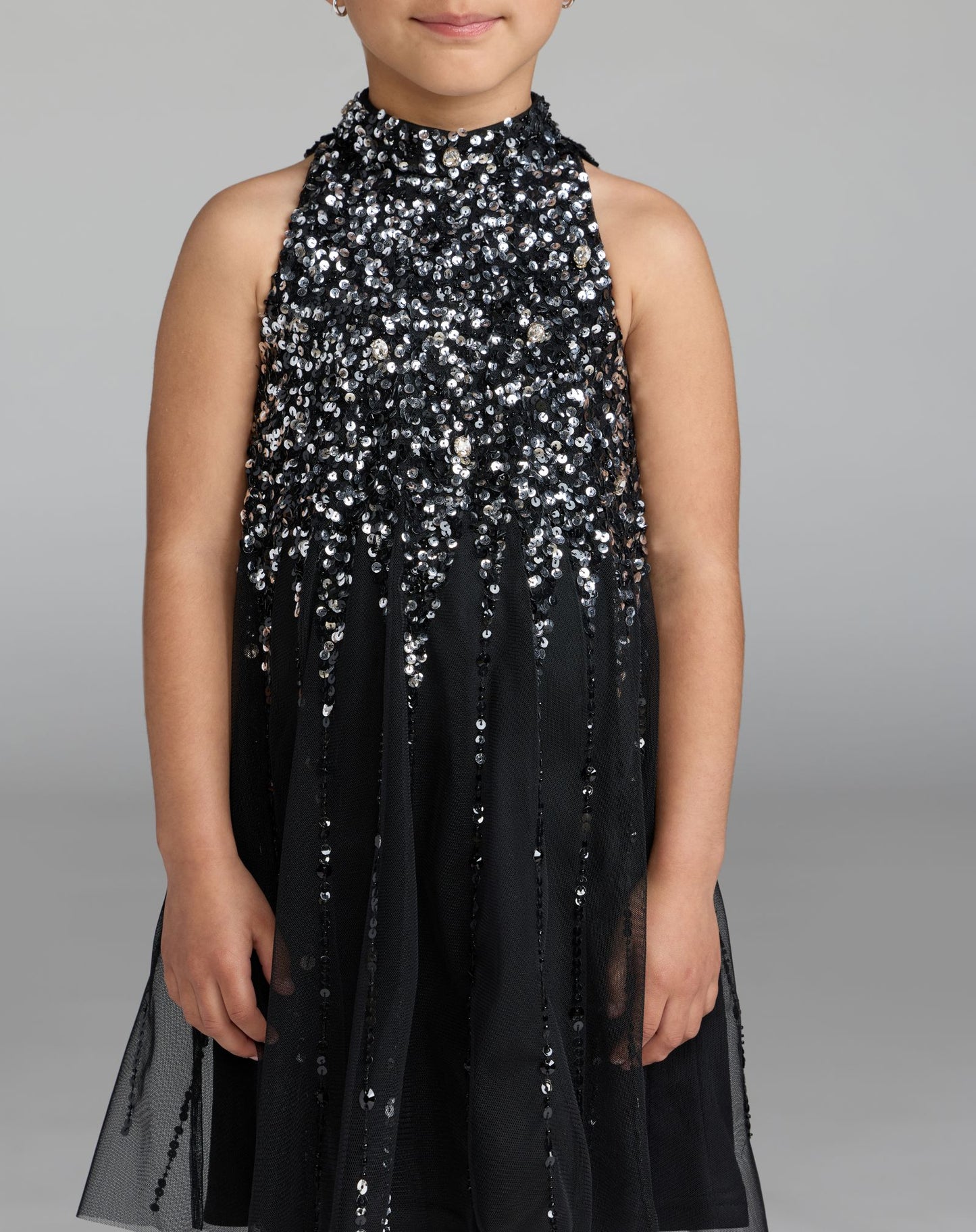 Girls Black Sleeveless High Neck Sequin Dress - Mac Duggal