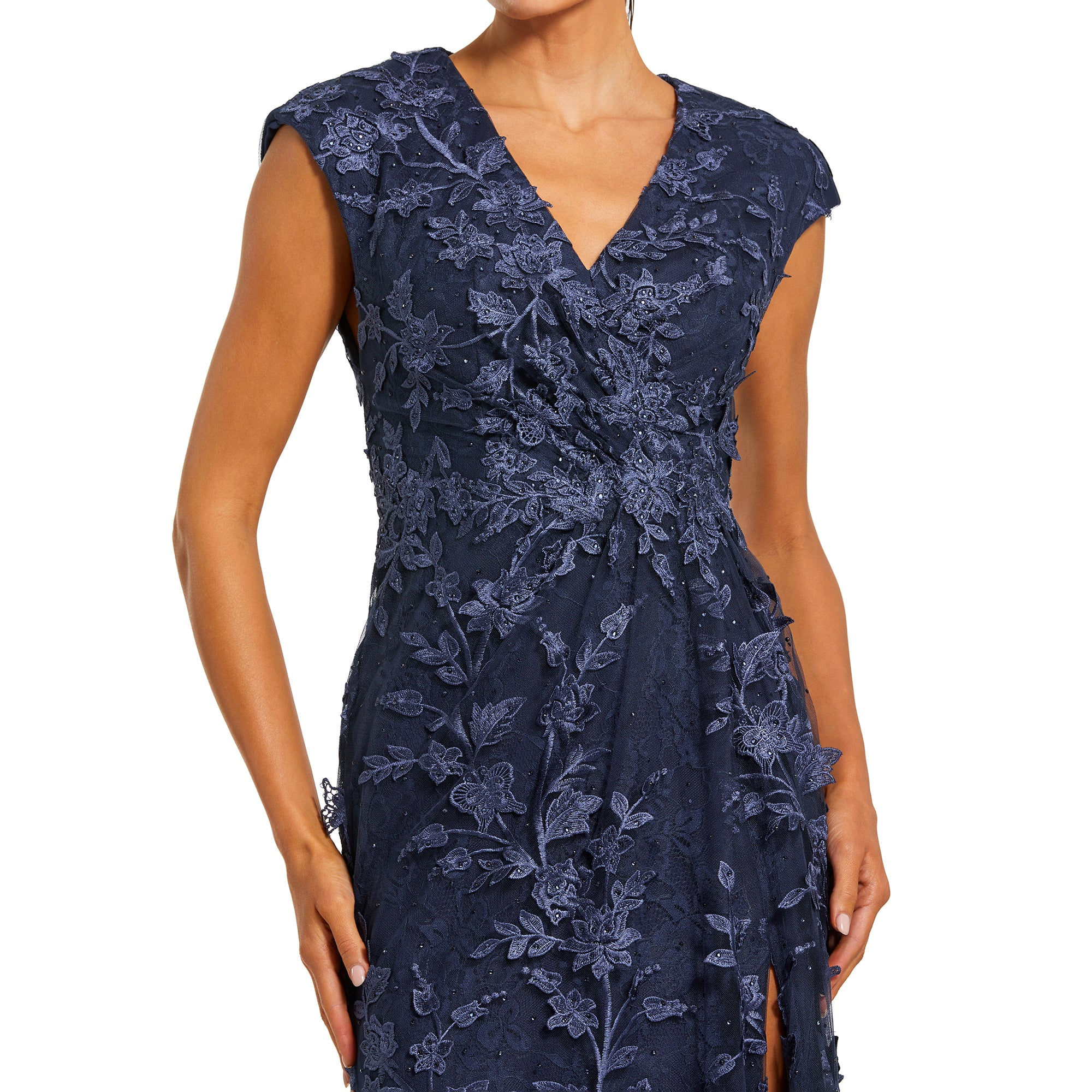 Women's Faux Wrap Embroidered Cap Sleeve Gown - Midnight,US 2
