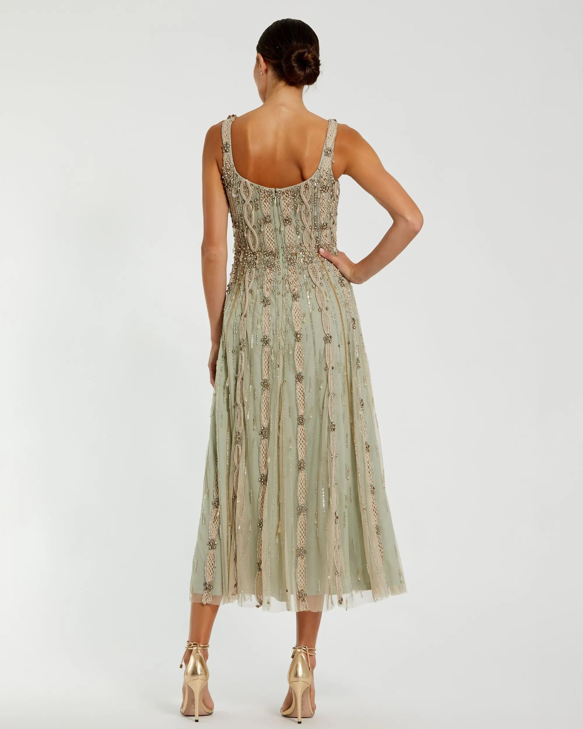 Petite Green Embellished Mesh Sleeveless Scoop Neck Midi Dress - Mac Duggal