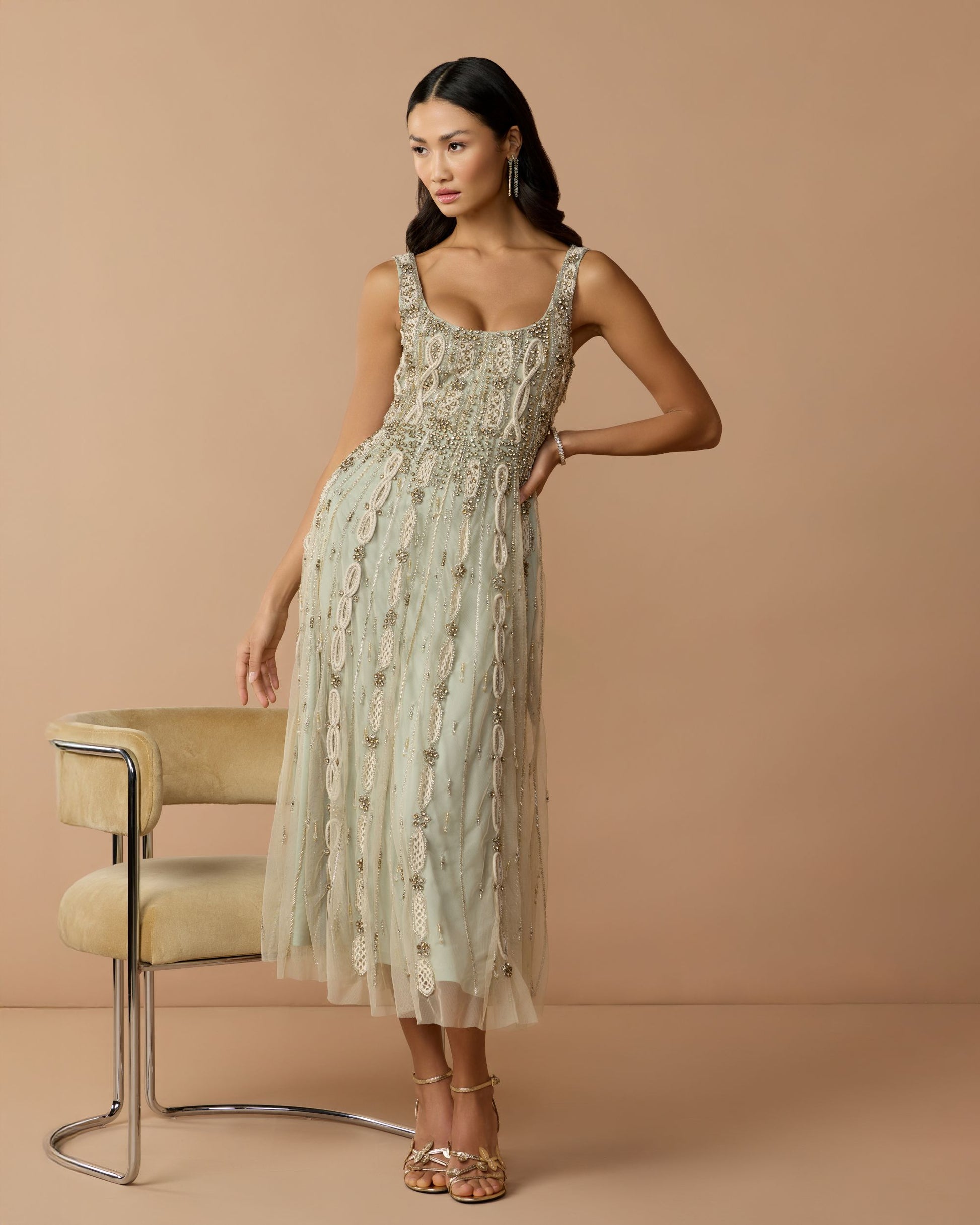 Mac Duggal Petite Embellished Scoop Neck Mesh Midi Dress - Nude Sage Mac Duggal Petite Embellished Scoop Neck Mesh Midi Dress - Nude Sage
