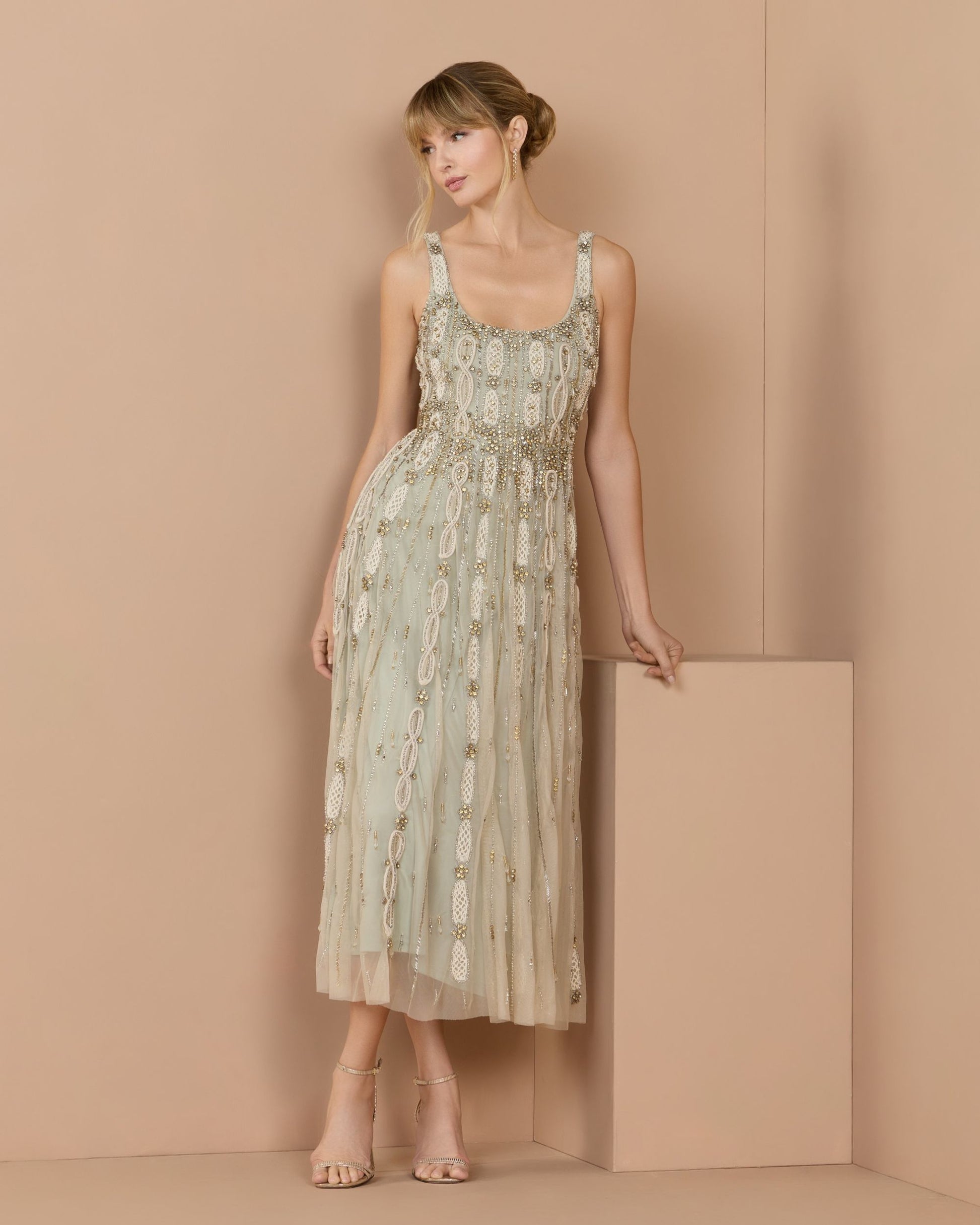 Mac Duggal Petite Embellished Scoop Neck Mesh Midi Dress