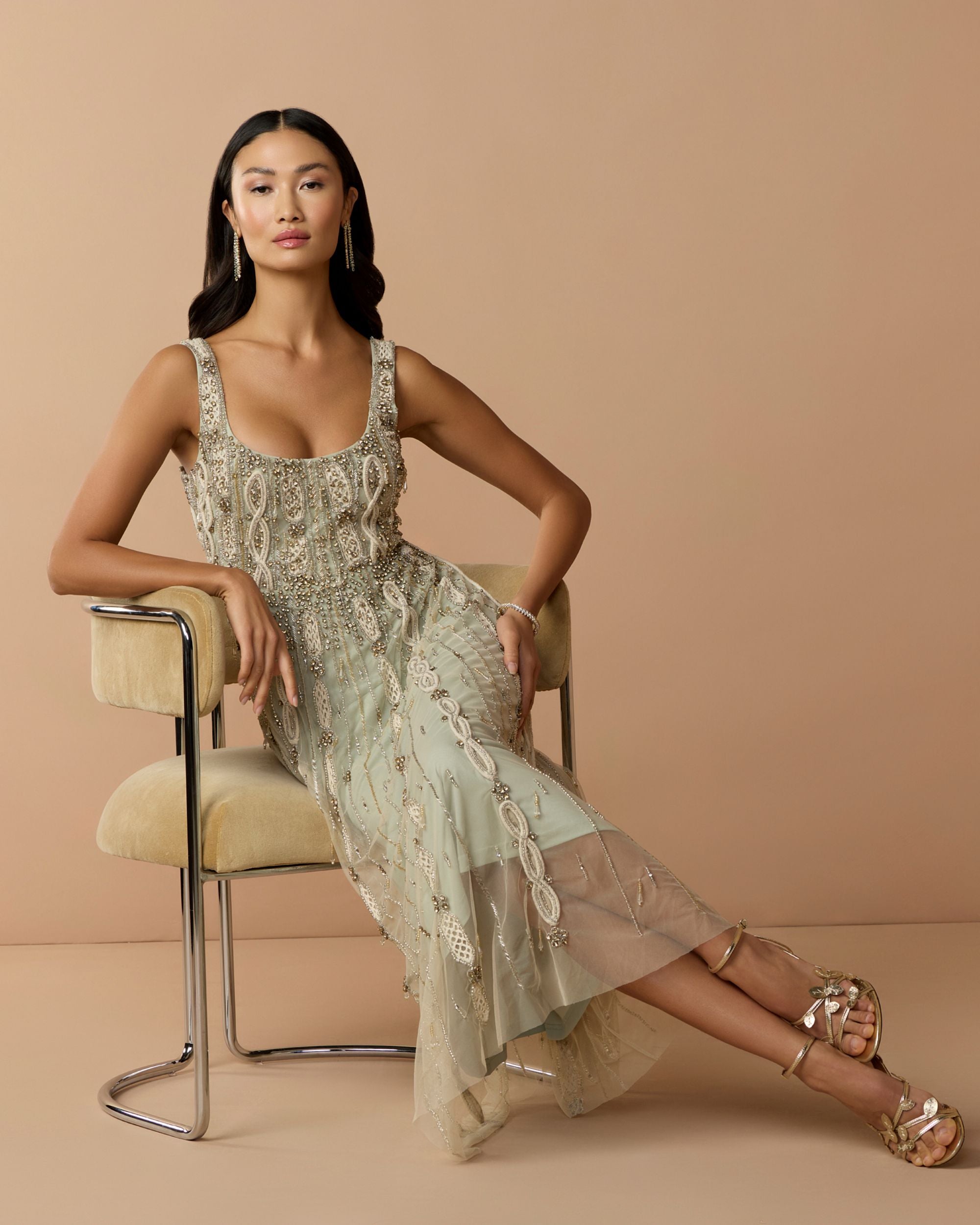 Petite Green Sleeveless Scoop Neck Embellished Midi Dress