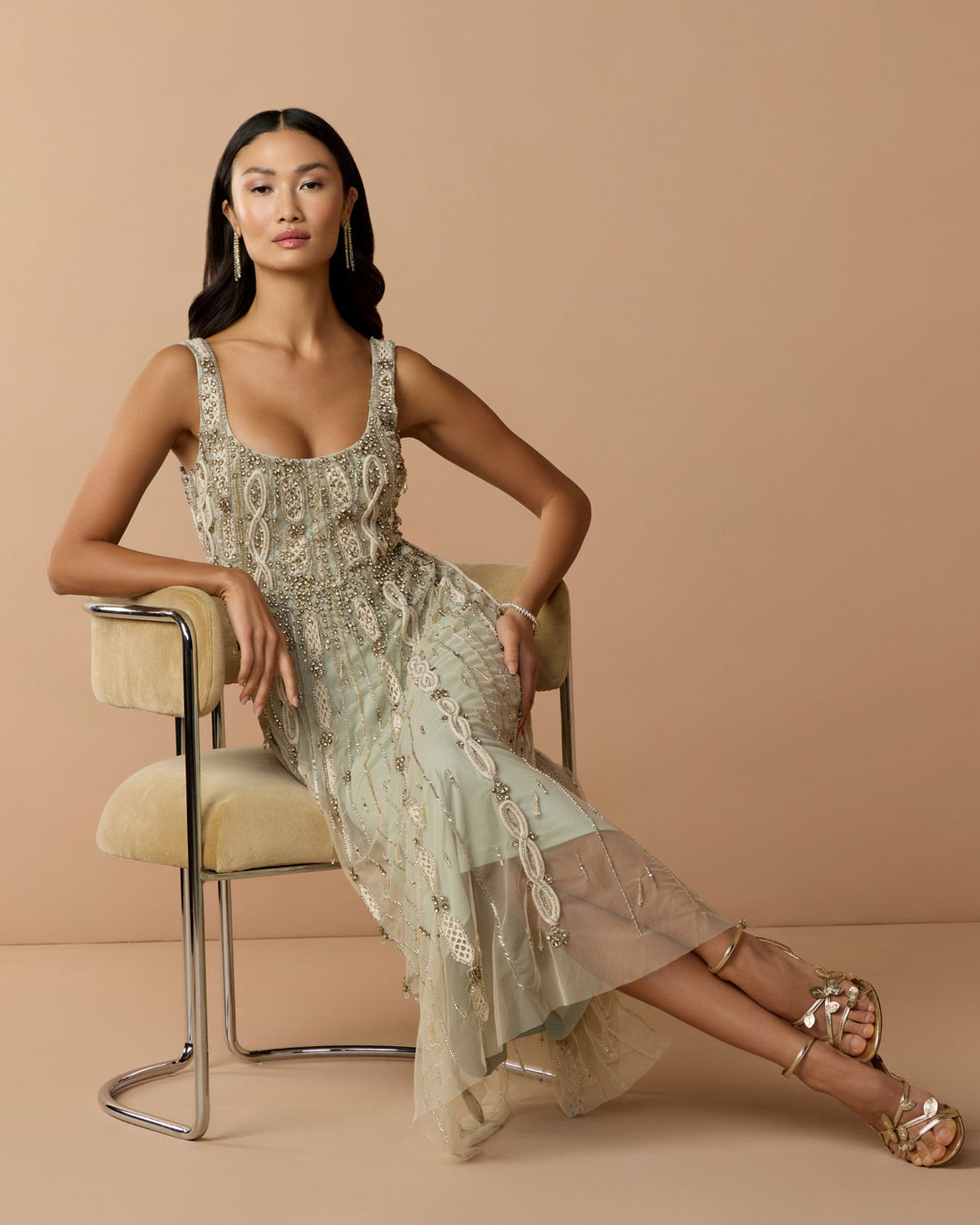 nude green dress Mac Duggal Petite Embellished Scoop Neck Mesh Midi Dress