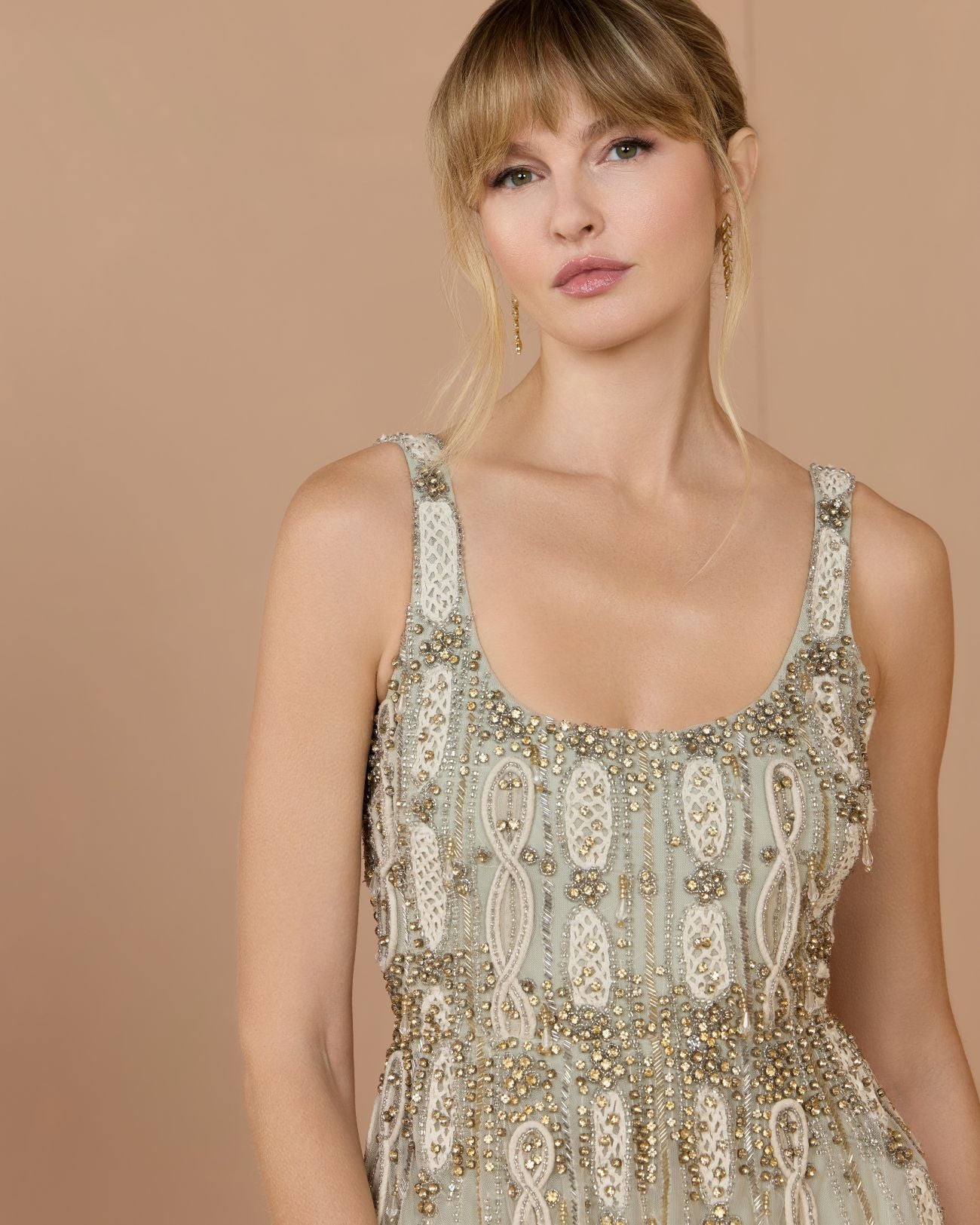 Petite Green Embellished Mesh Sleeveless Scoop Neck Midi Dress - Mac Duggal