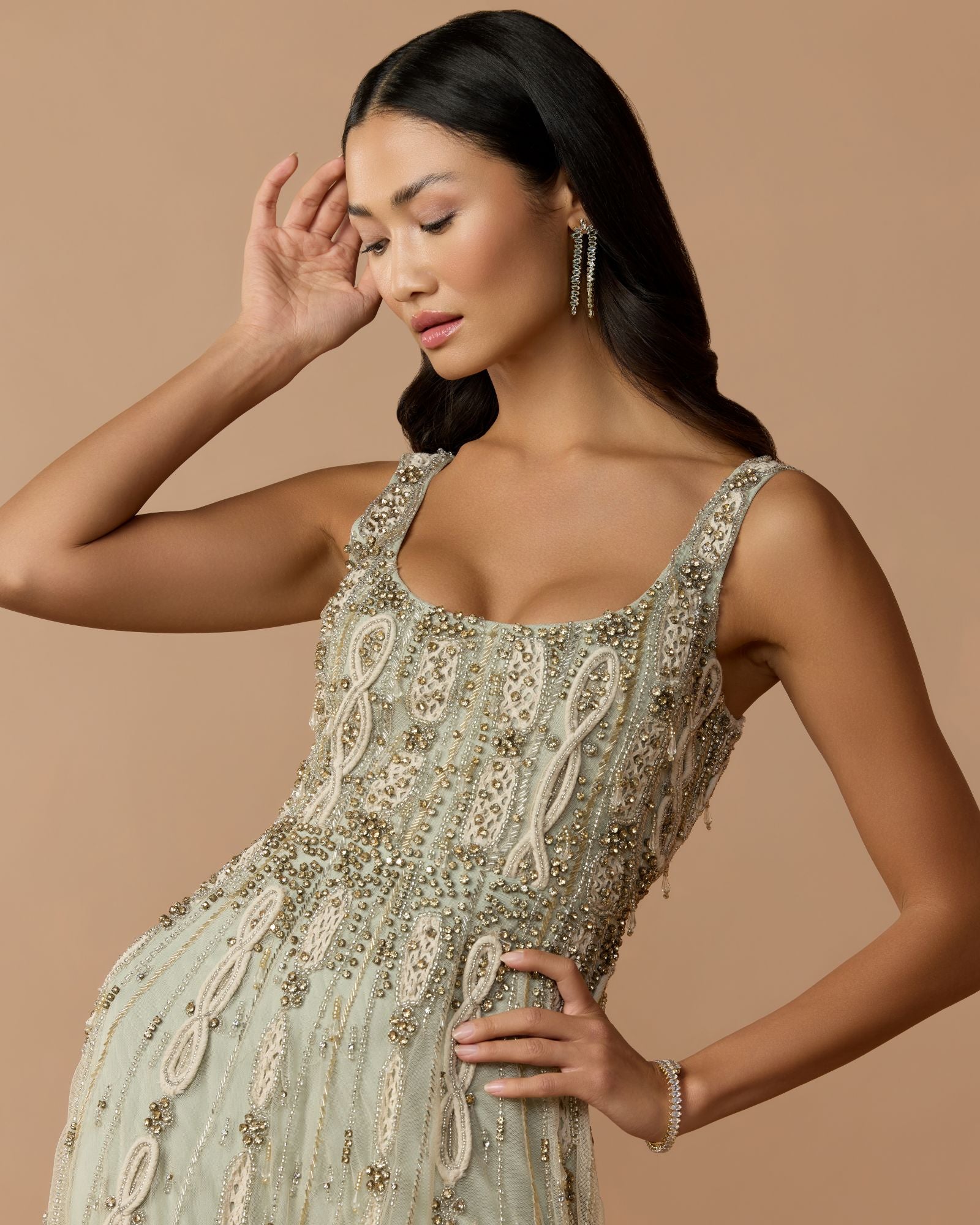 Petite Green Sleeveless Scoop Neck Embellished Midi Dress