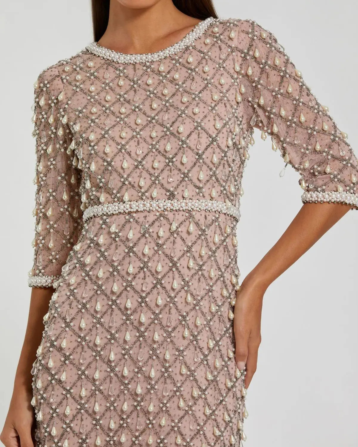 Light Rose Pearl Embellished 3/4 Sleeve Gown - Mac Duggal