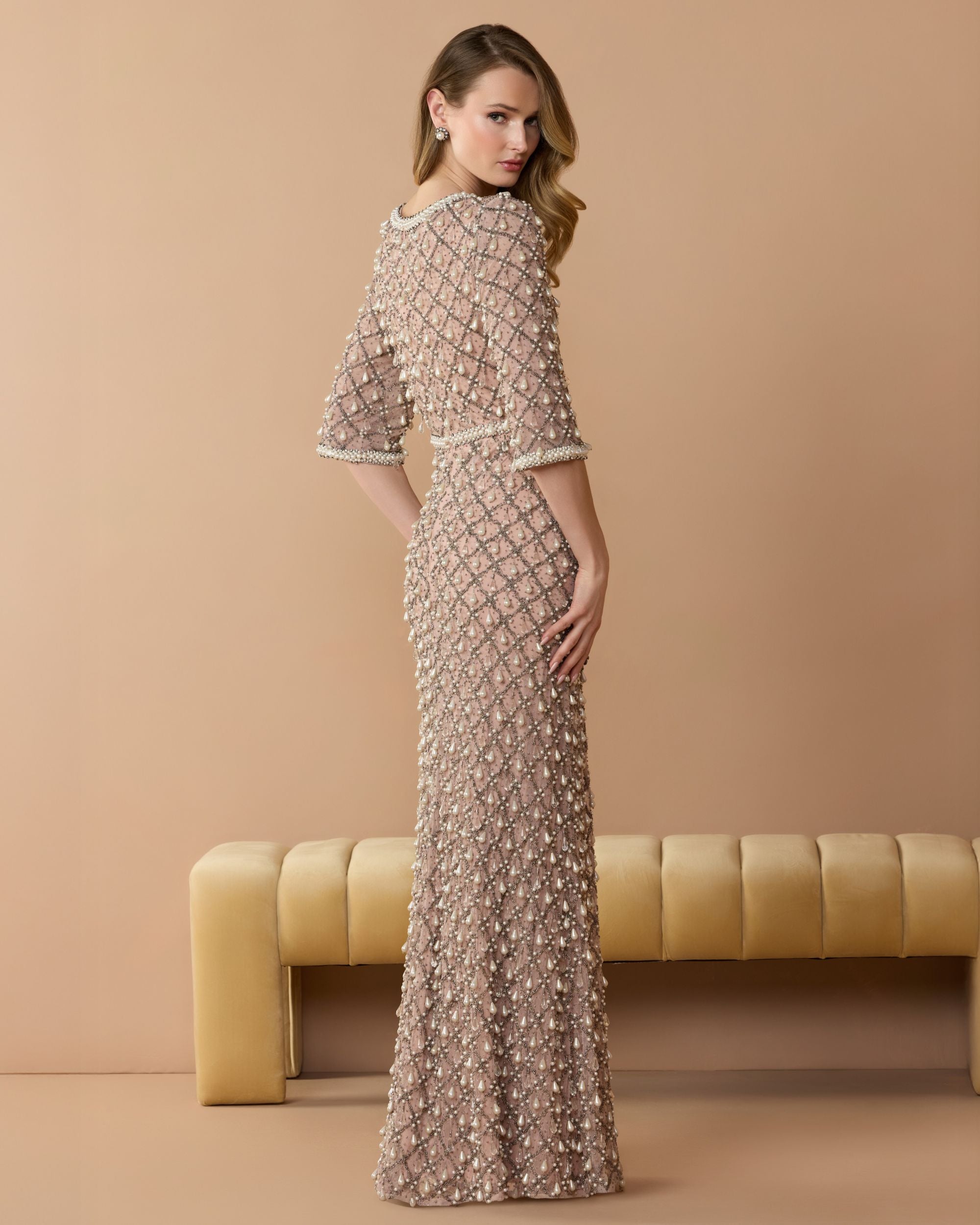 Petite Pink Pearl Embellished 3/4 Sleeve Gown