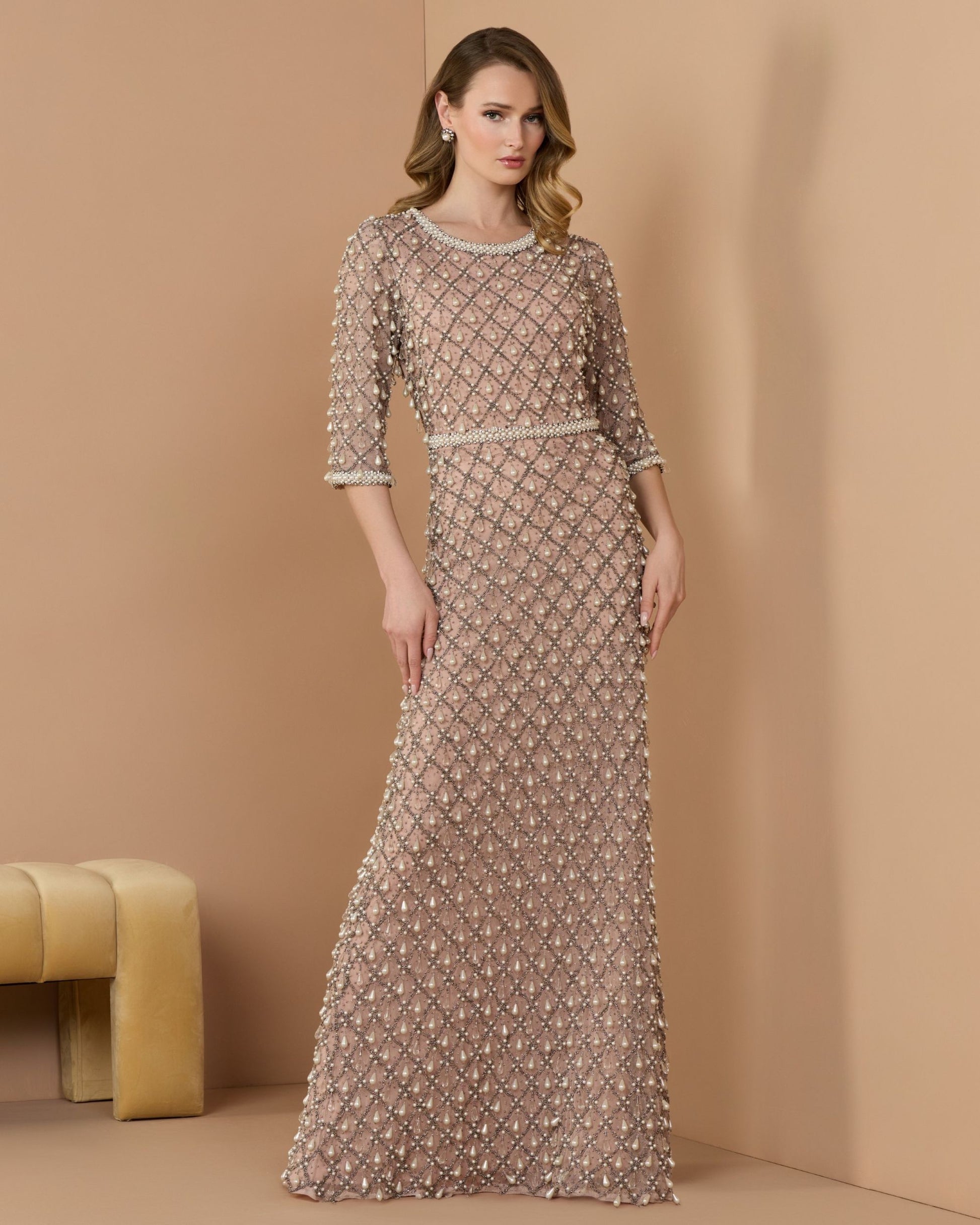 Pearl Embellished 3/4 Sleeve Gown | Mac Duggal Pearl Embellished 3/4 Sleeve Gown | Mac Duggal