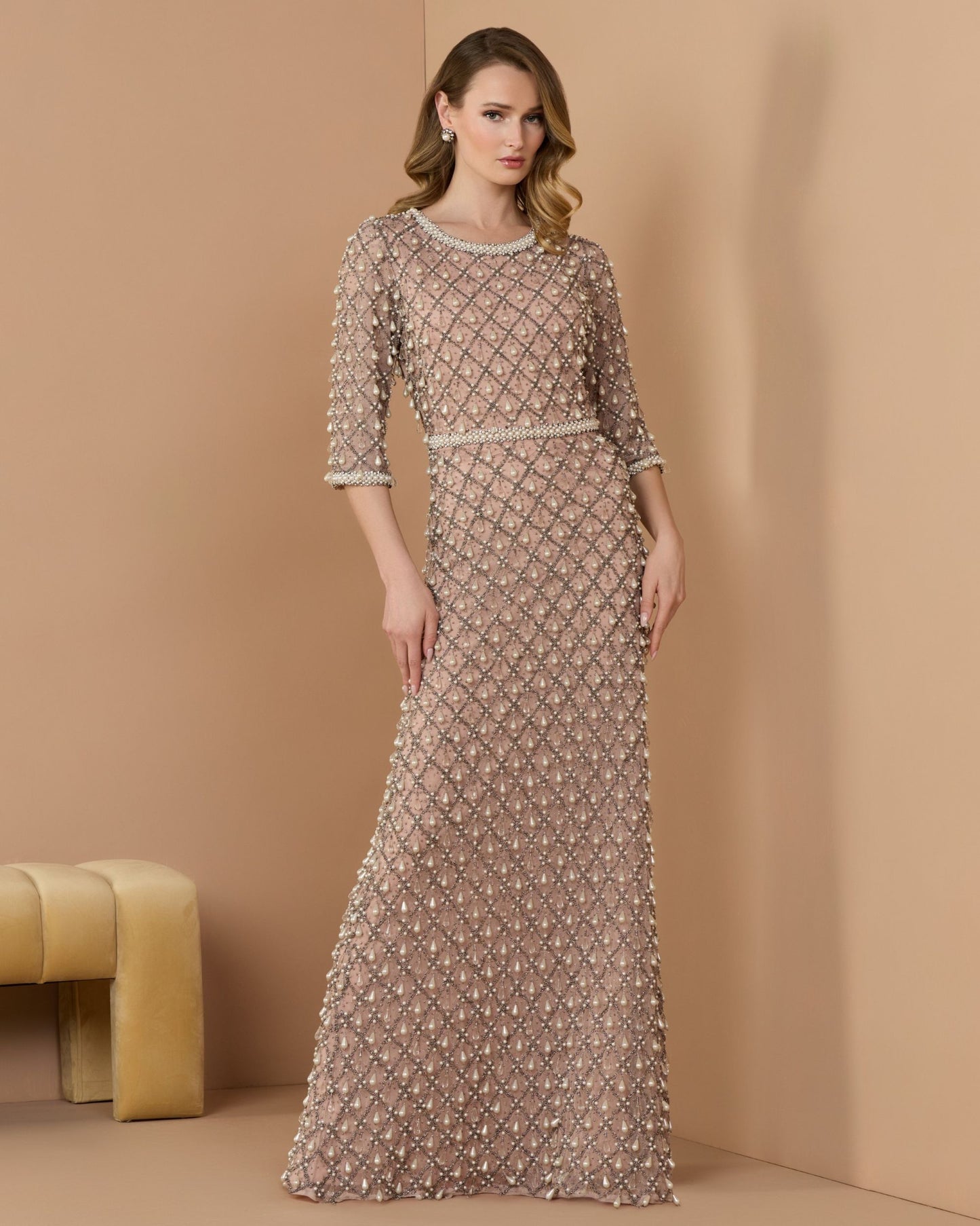 Petite Pink Pearl Embellished 3/4 Sleeve Gown