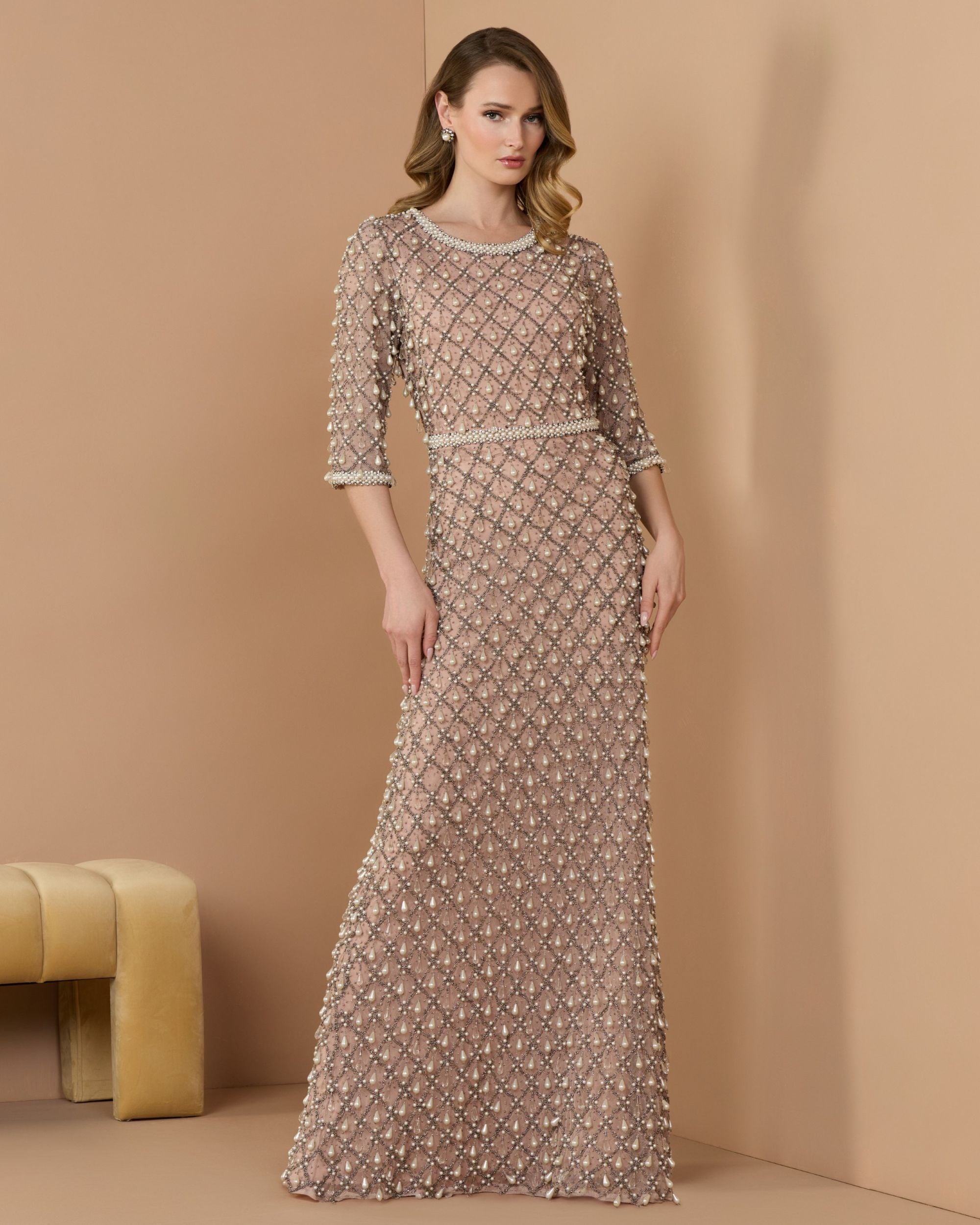 Petite Pink Pearl Embellished 3/4 Sleeve Gown