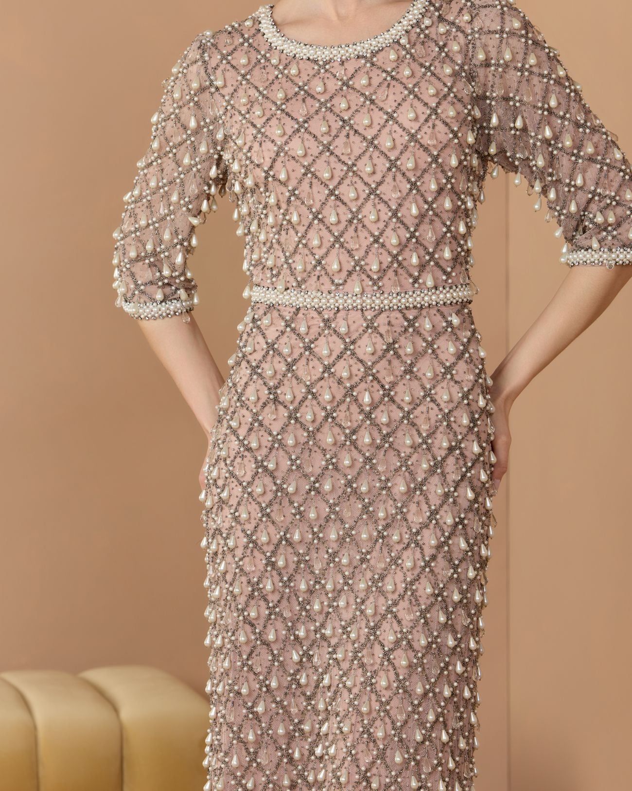 Petite Pink Pearl Embellished 3/4 Sleeve Gown