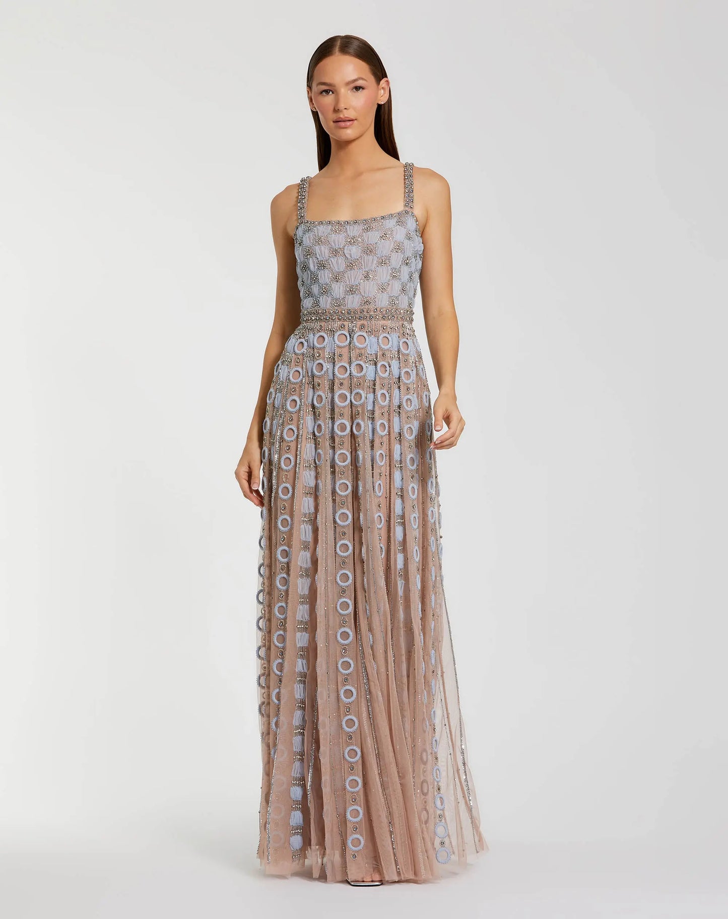 Petite Light Blue Sleeveless Embellished A-line Gown - Mac Duggal