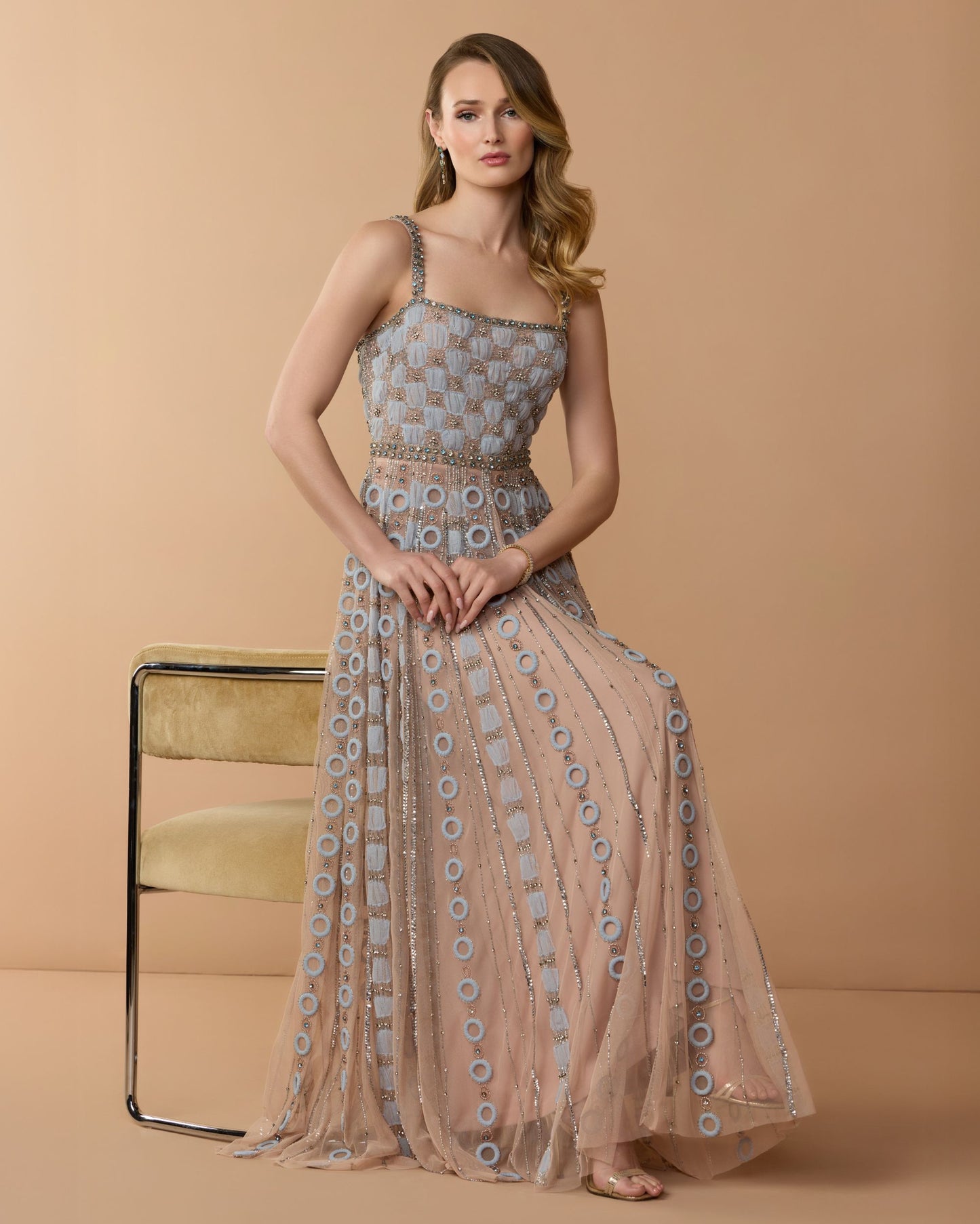 Petite Light Blue Sleeveless Embellished A-line Gown