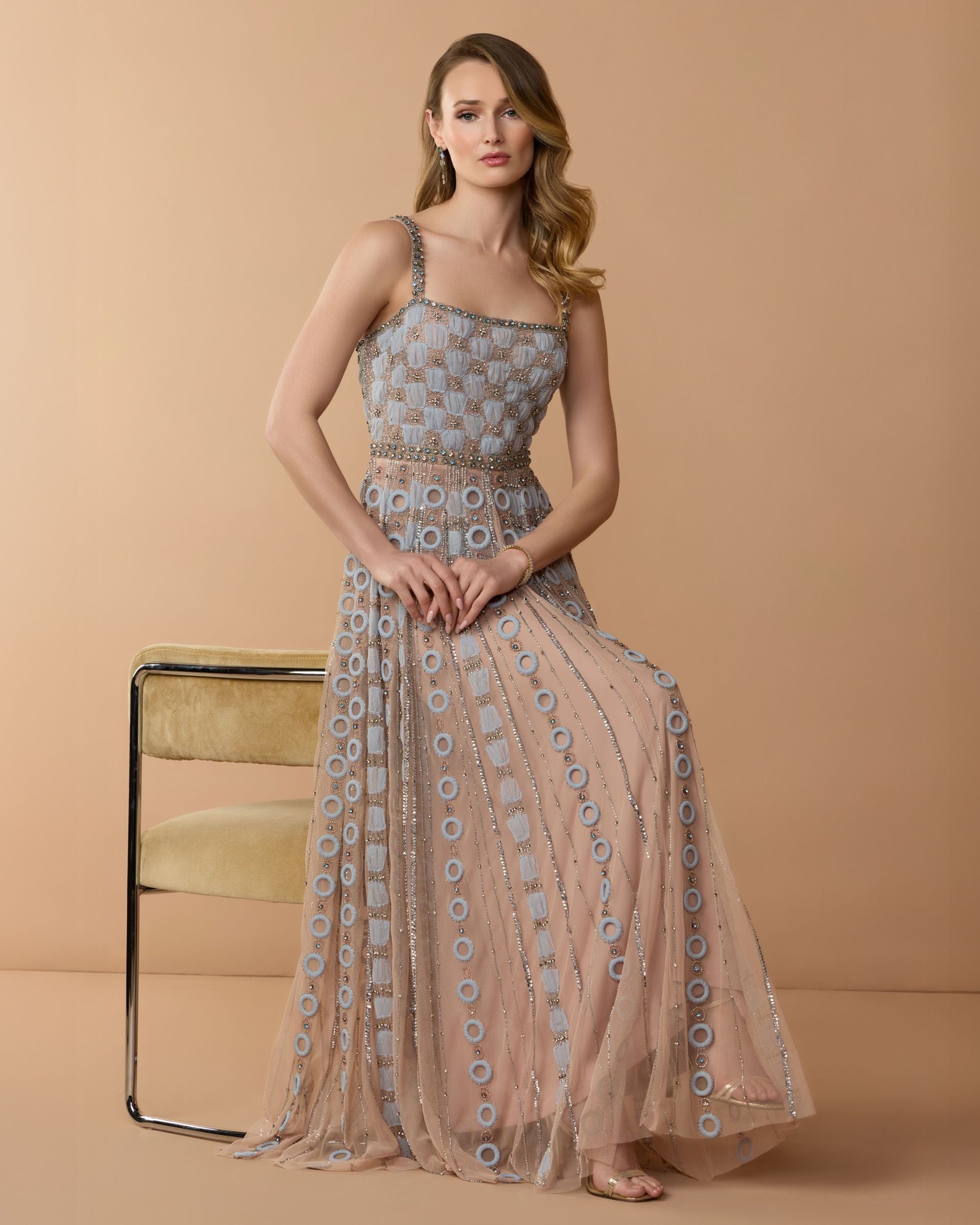 Petite Light Blue Sleeveless Embellished A-line Gown