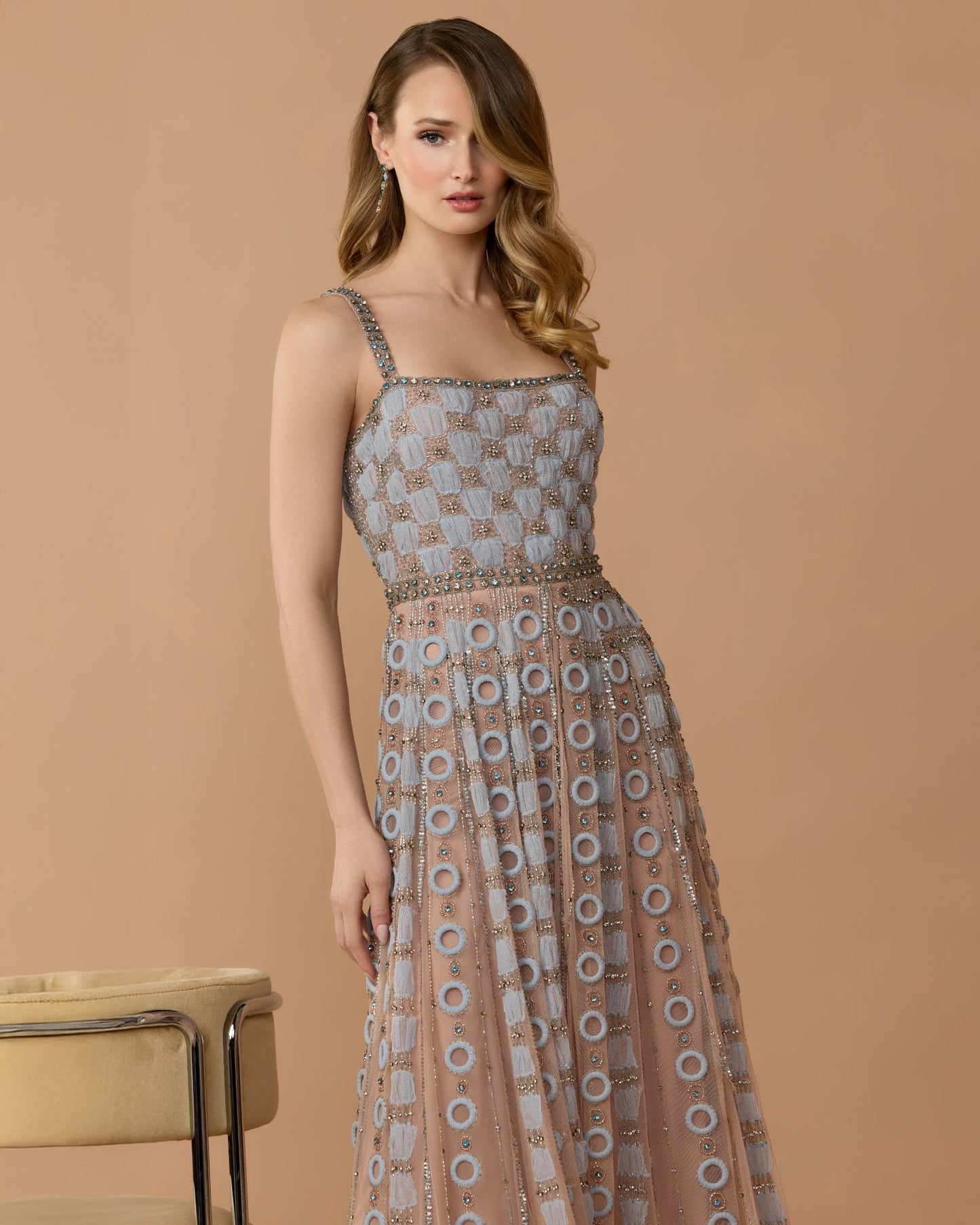 Petite Light Blue Sleeveless Embellished A-line Gown