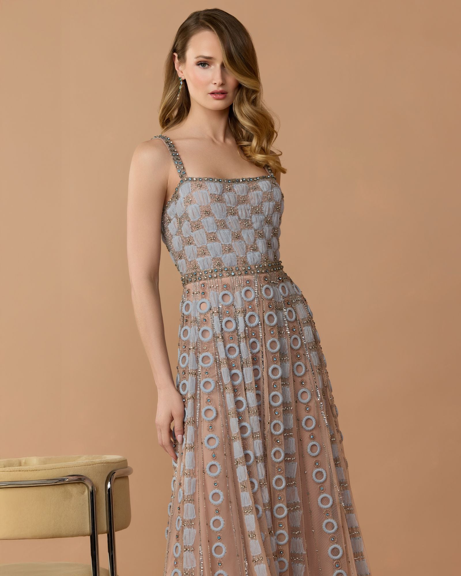 Petite Light Blue Sleeveless Embellished A-line Gown