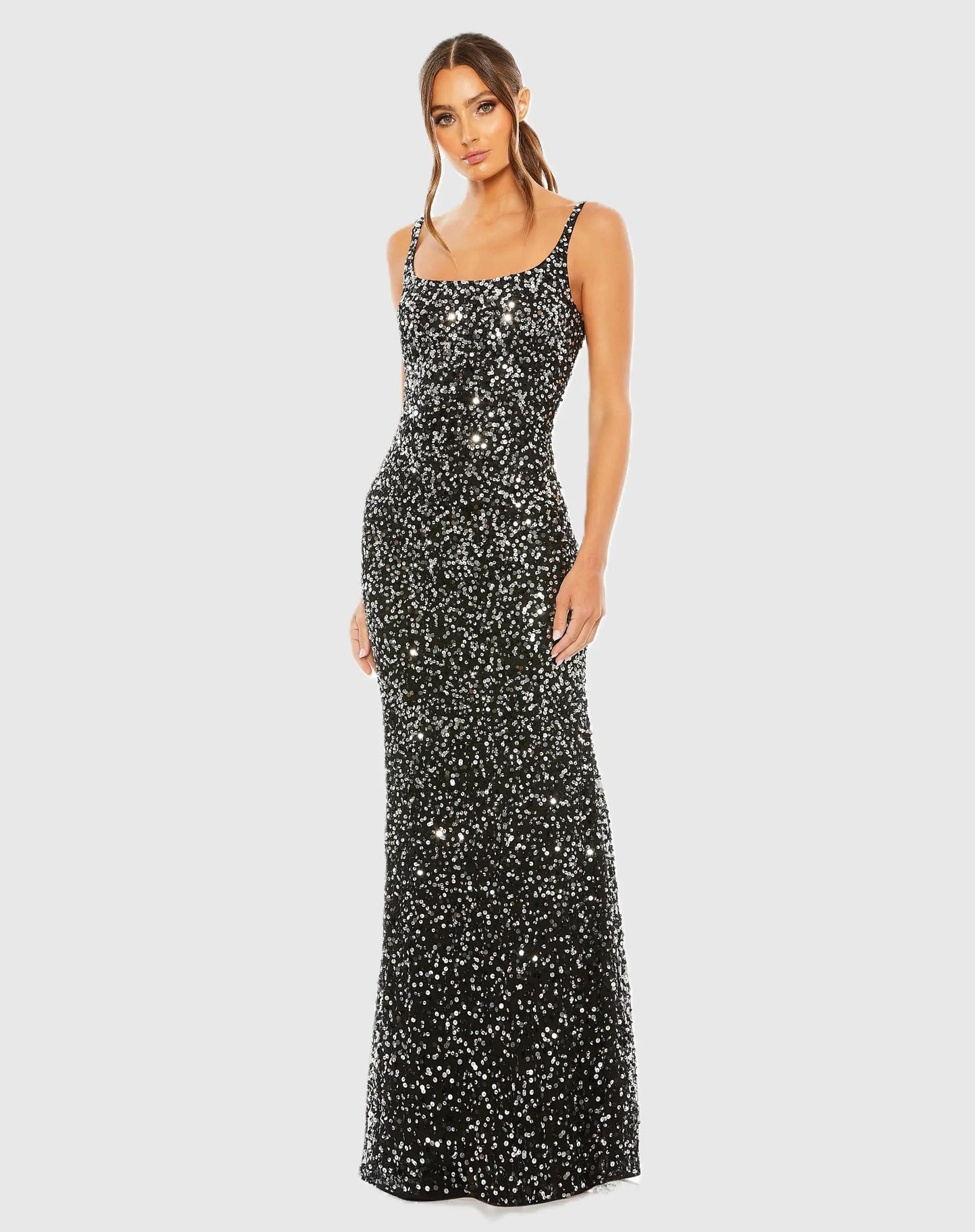 Petite Black Sequined Low Back Slip Gown Mac Duggal