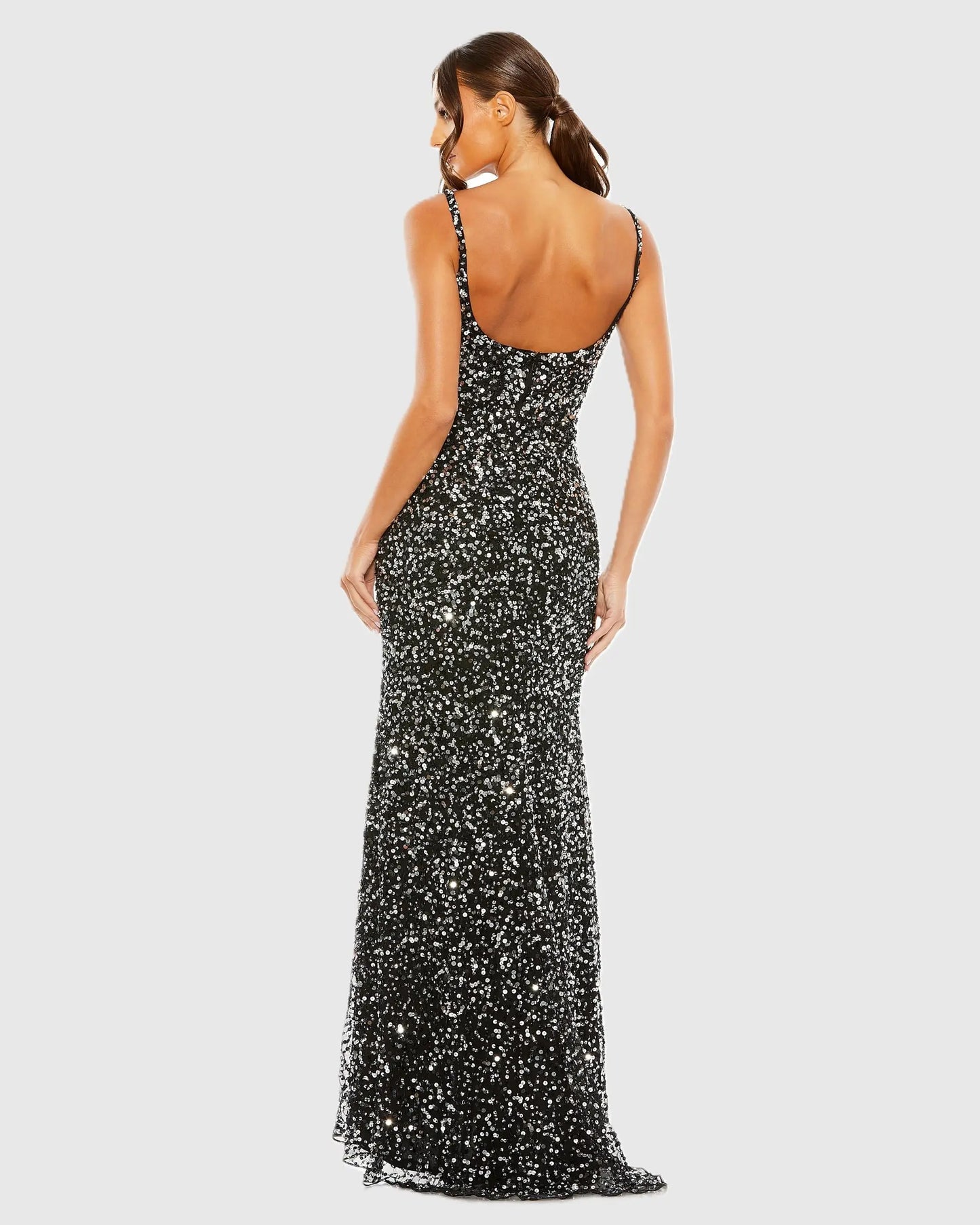 Petite Black Sequined Low Back Slip Gown Mac Duggal