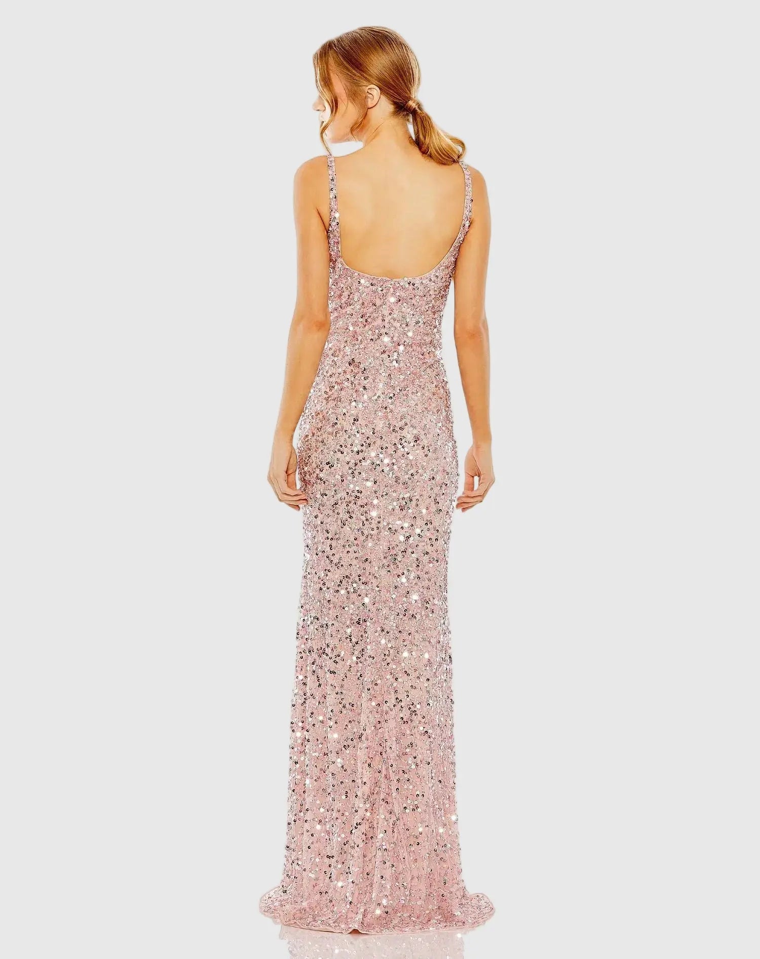 Mac Duggal - Petite Pink Sequined Low Back Slip Gown