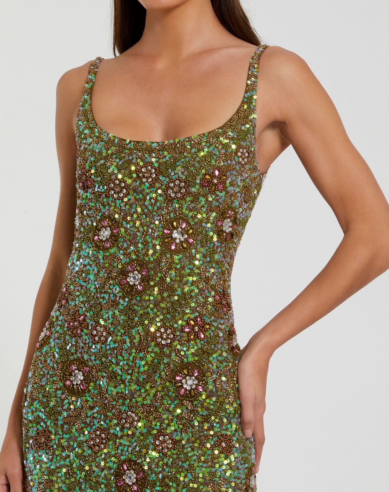 Petite Green Sleeveless Hand Embellished Floral Maxi Dress - Mac Duggal