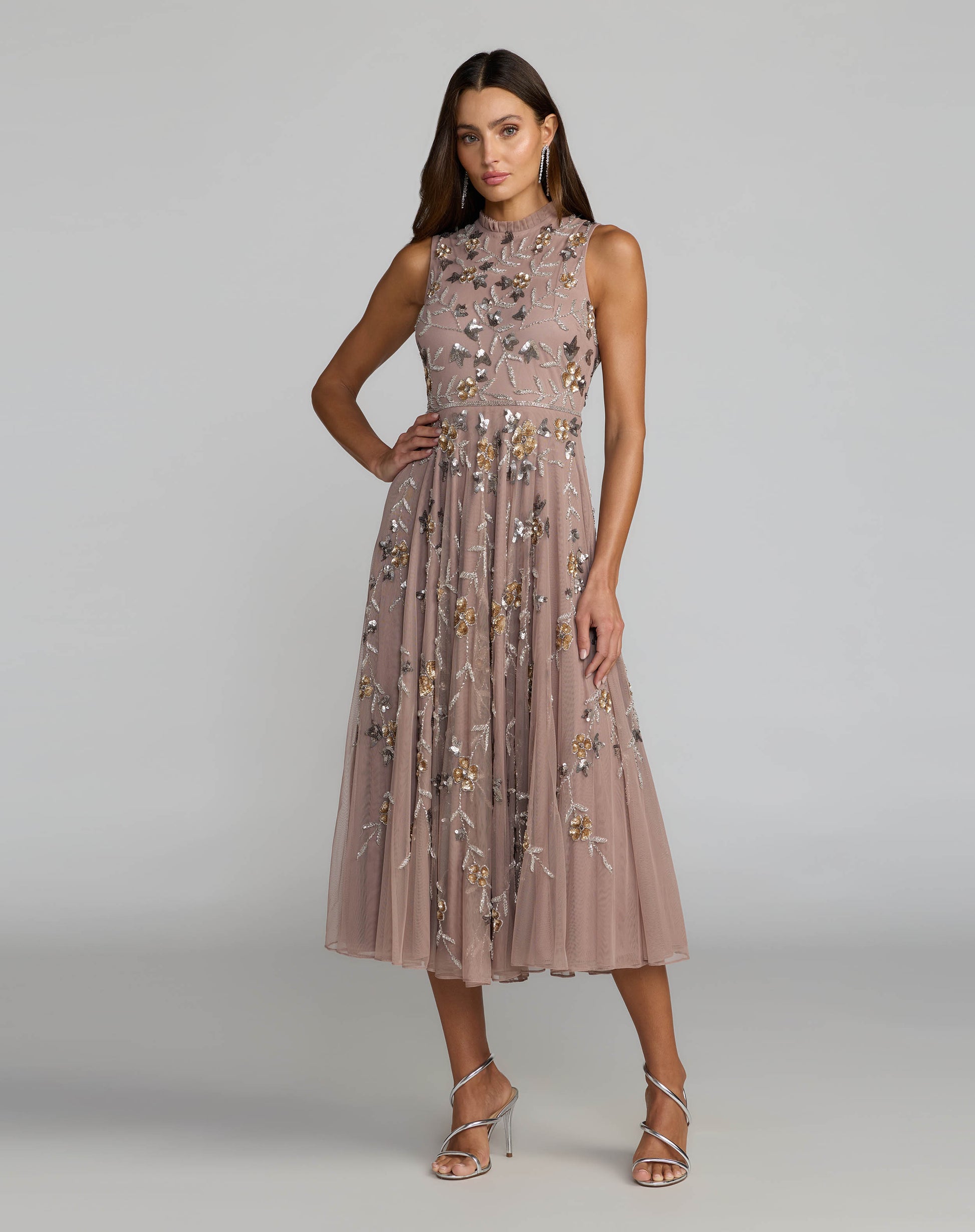 taupe midi dress Petite Beige Embellished High Neck Sleeveless Midi Dress