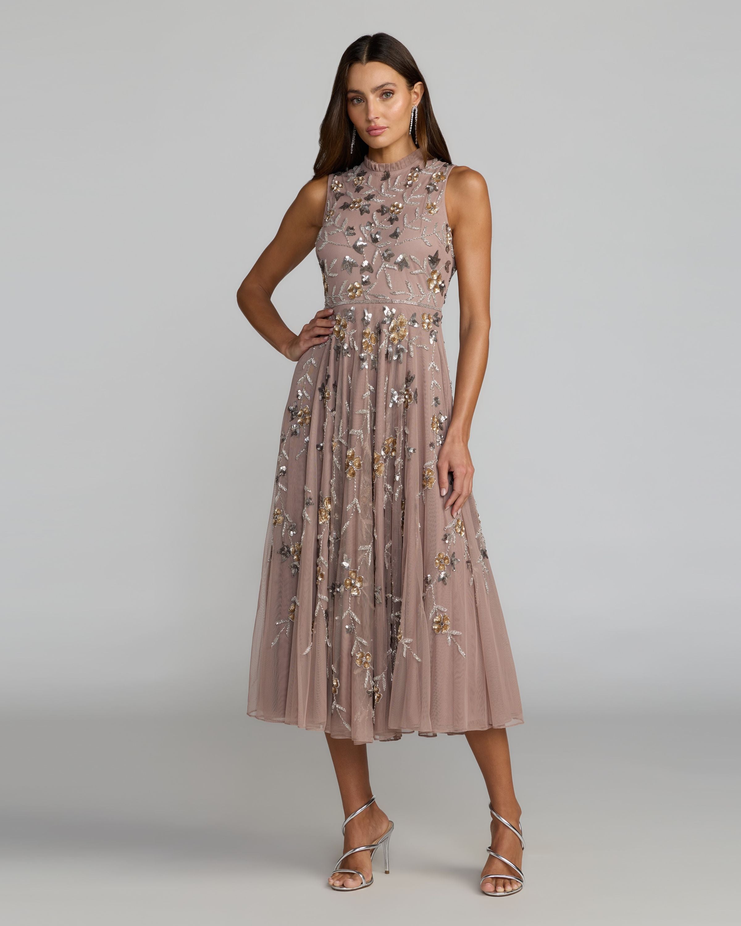 Petite Beige Embellished High Neck Sleeveless Midi Dress Mac Duggal