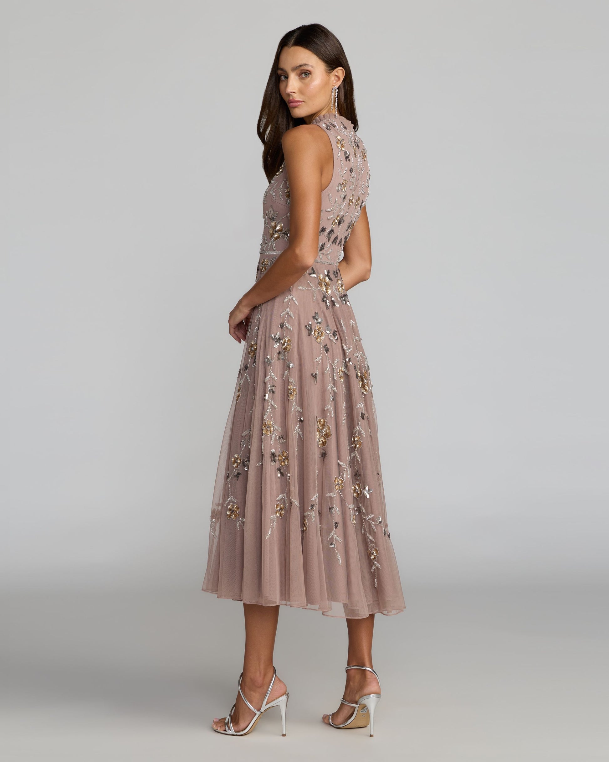 Petite Beige Embellished High Neck Sleeveless Midi Dress Mac Duggal