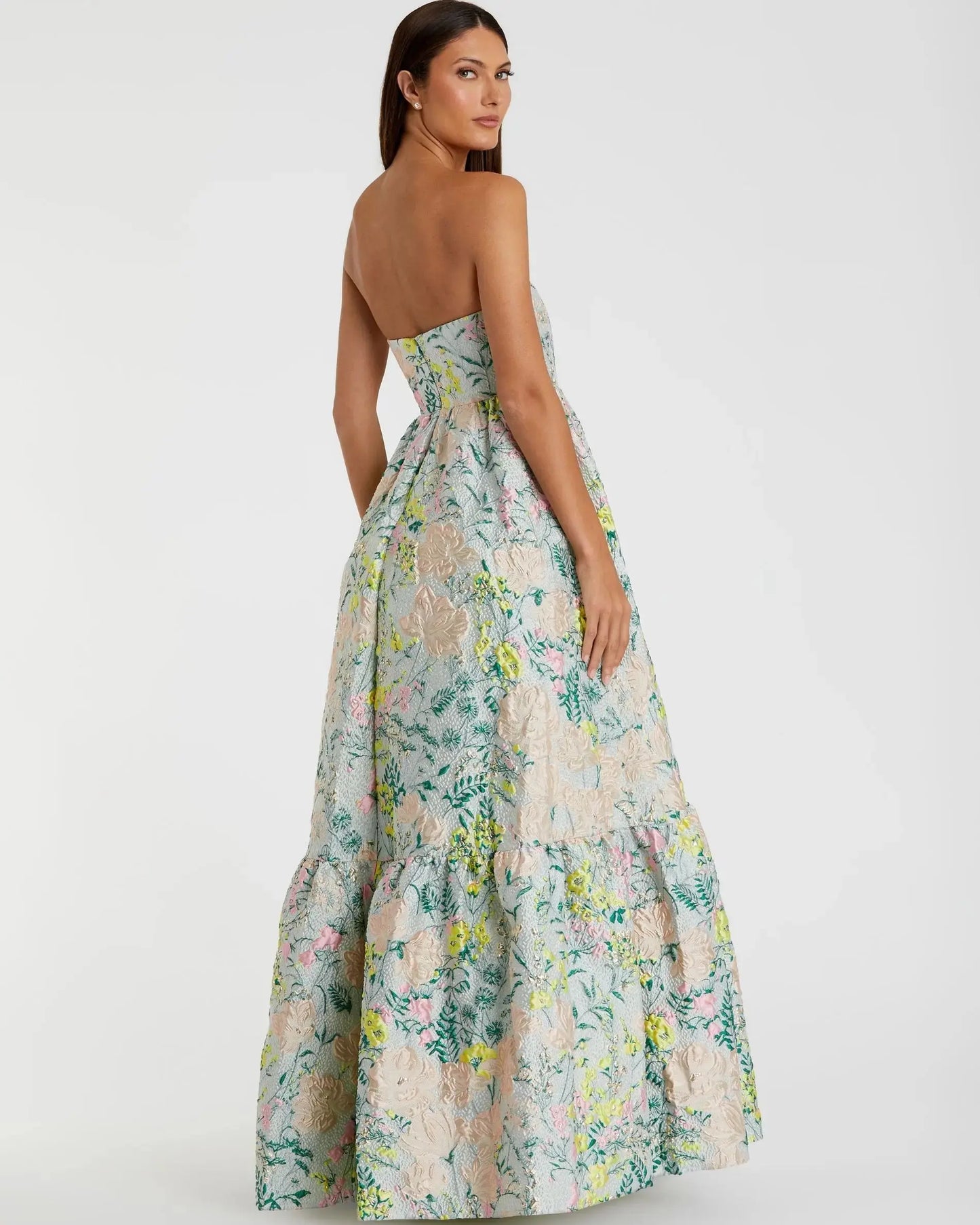 Petite Floral Brocade Strapless A Line Gown Mac Duggal