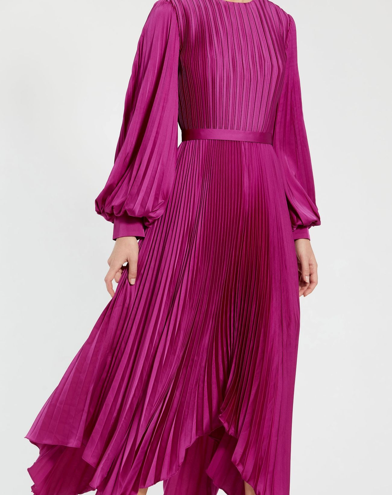 Petite Purple Long Sleeve Pleated Charmeuse Handkerchief Dress - Mac Duggal