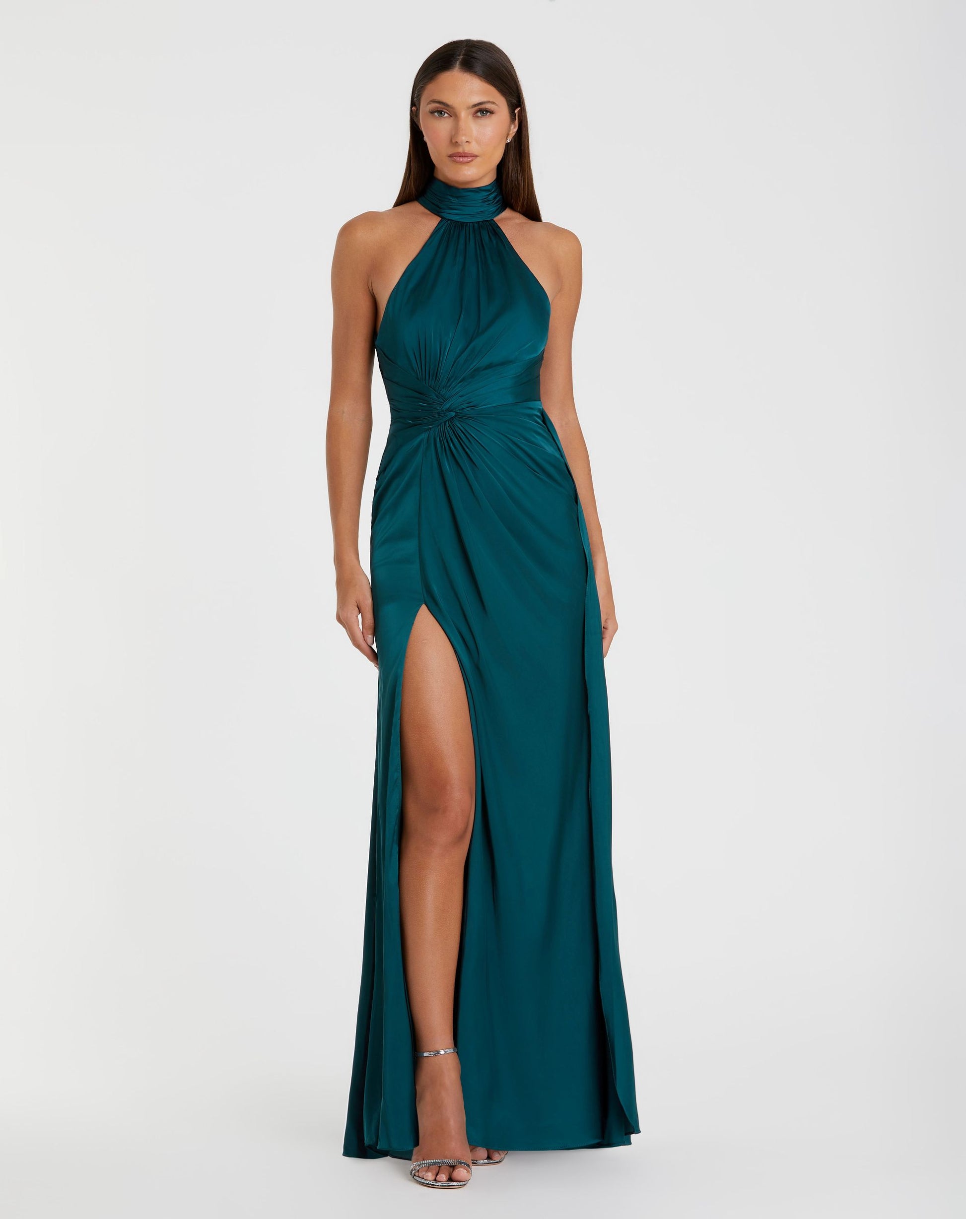 Petite Blue Open Back High Neck Side Ruched Gown - Ieena for Mac Duggal