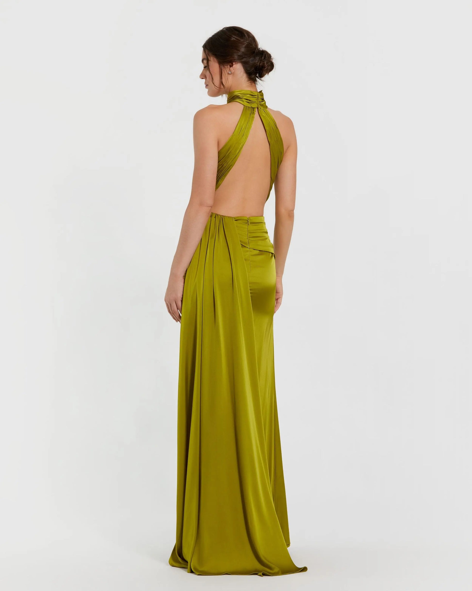 Petite Green Open Back High Neck Side Ruched Gown Ieena for Mac Duggal 