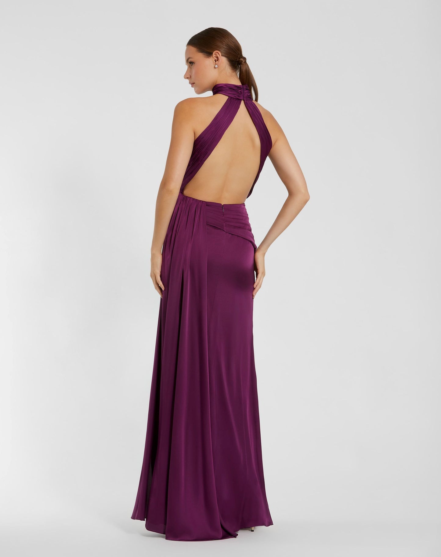 Petite Purple Sleeveless Open Back Satin Gown - Ieena for Mac Duggal