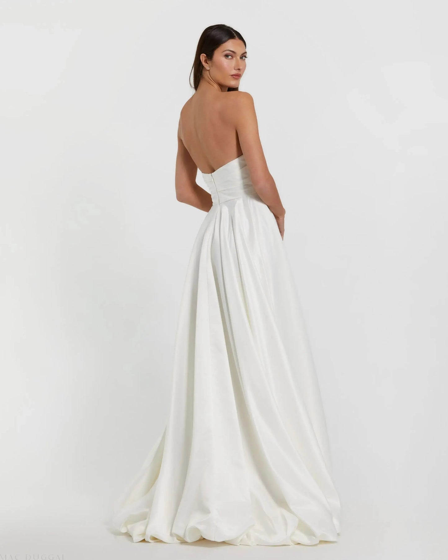 White Petite Strapless Ruched Gown Mac Duggal