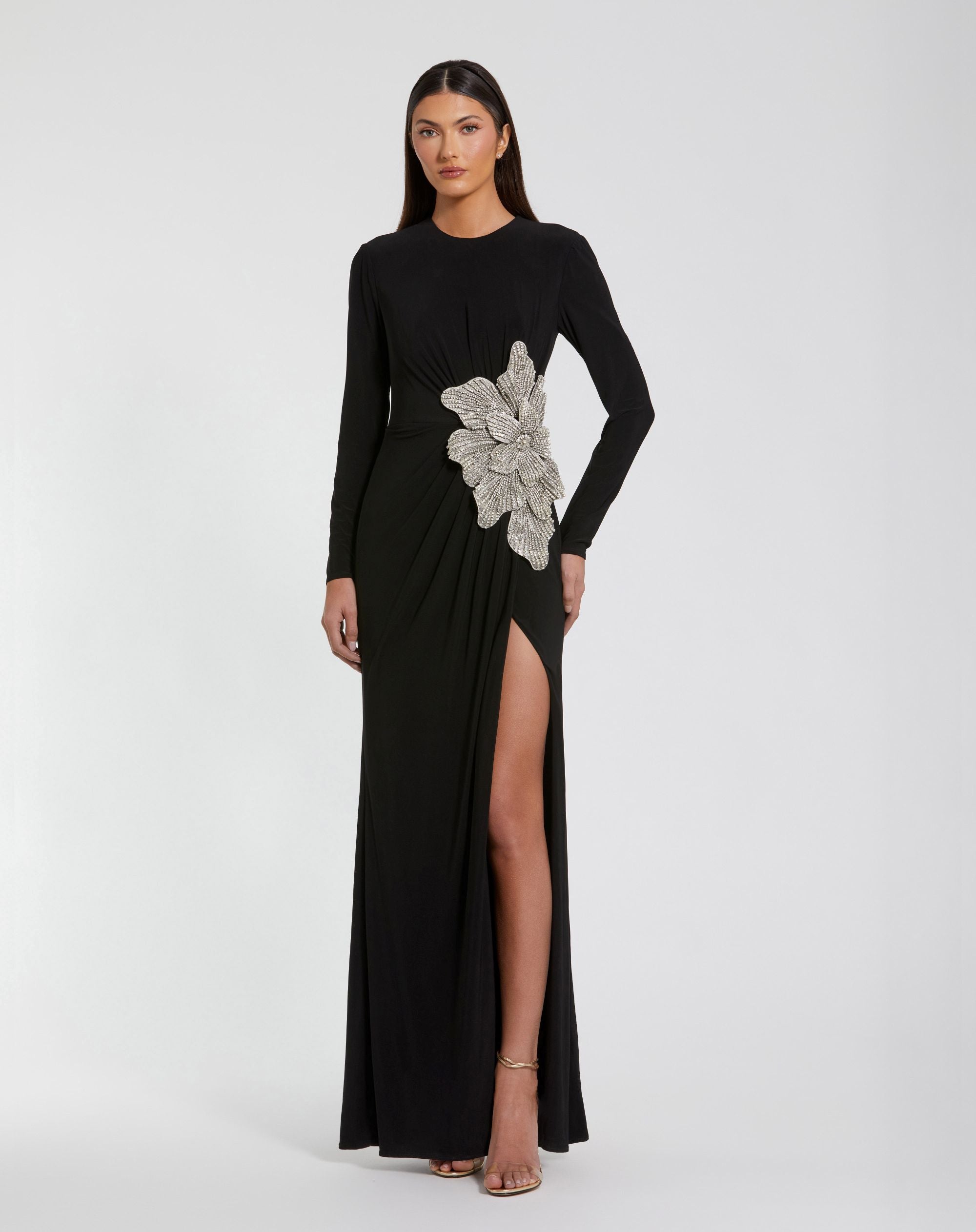 Petite Black Long Sleeve Jersey Gown With Embellished Flower - Mac Duggal