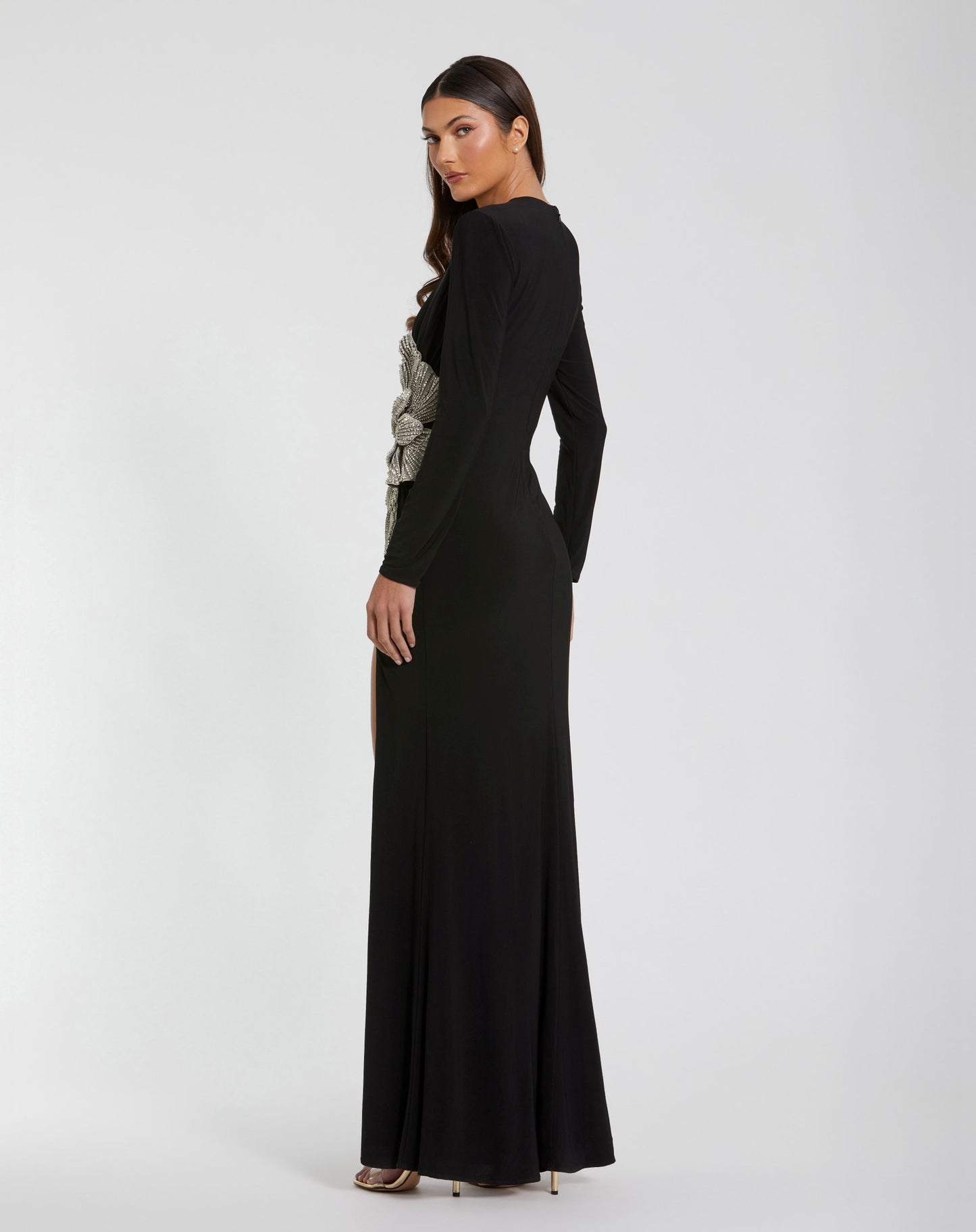 Petite Black Long Sleeve Jersey Gown With Embellished Flower - Mac Duggal