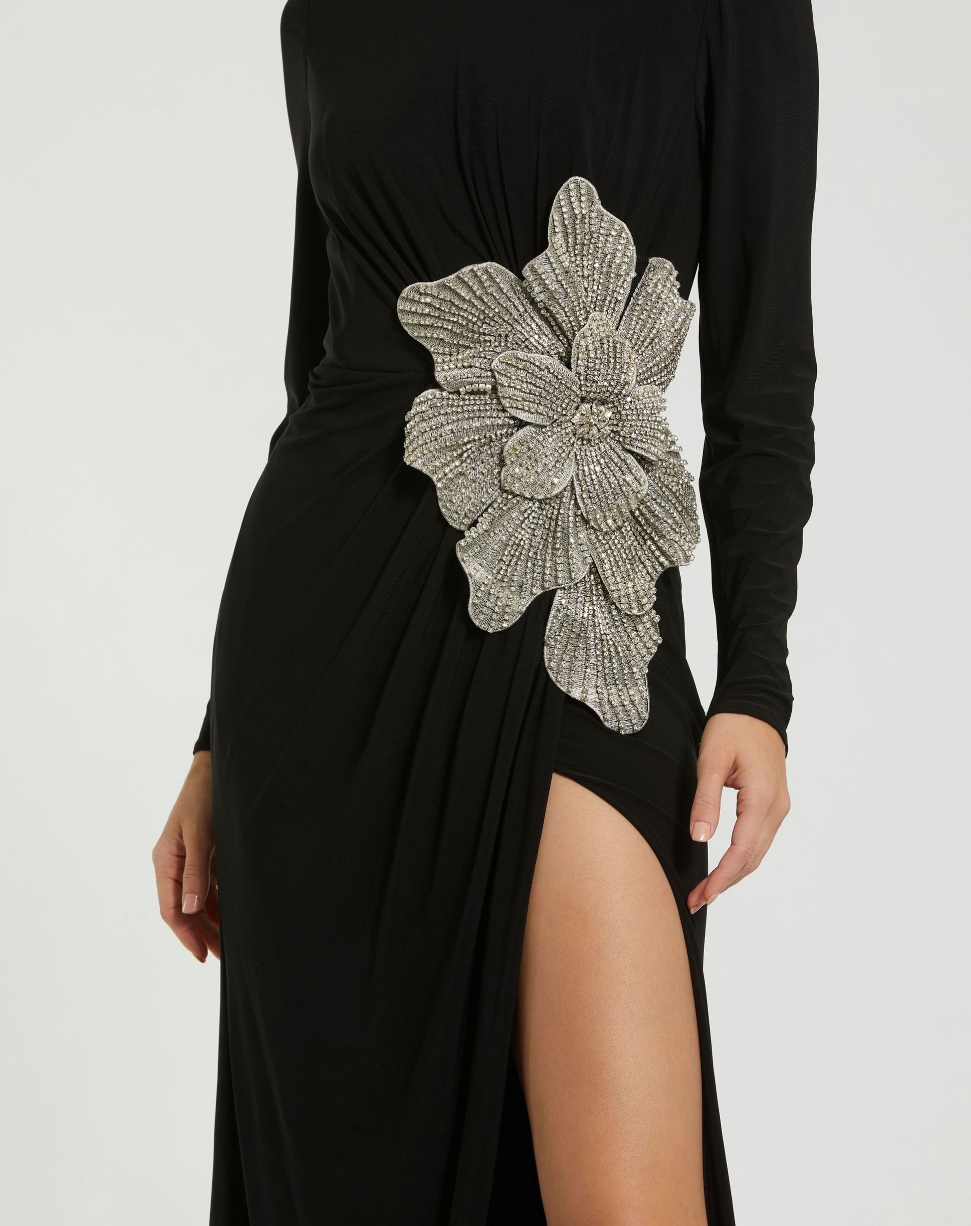 Petite Black Long Sleeve Jersey Gown With Embellished Flower - Mac Duggal