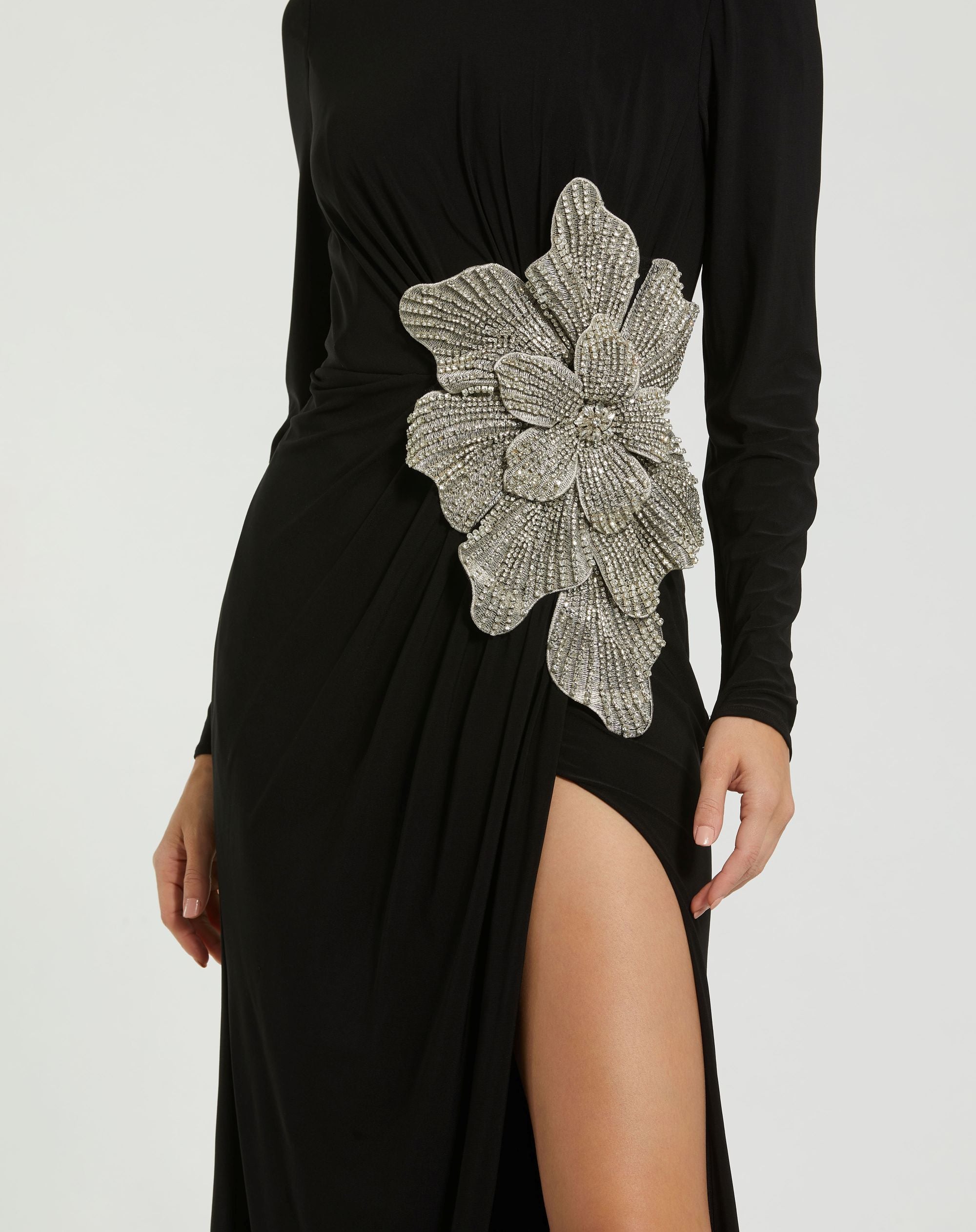 Petite Black Long Sleeve Jersey Gown With Embellished Flower - Mac Duggal