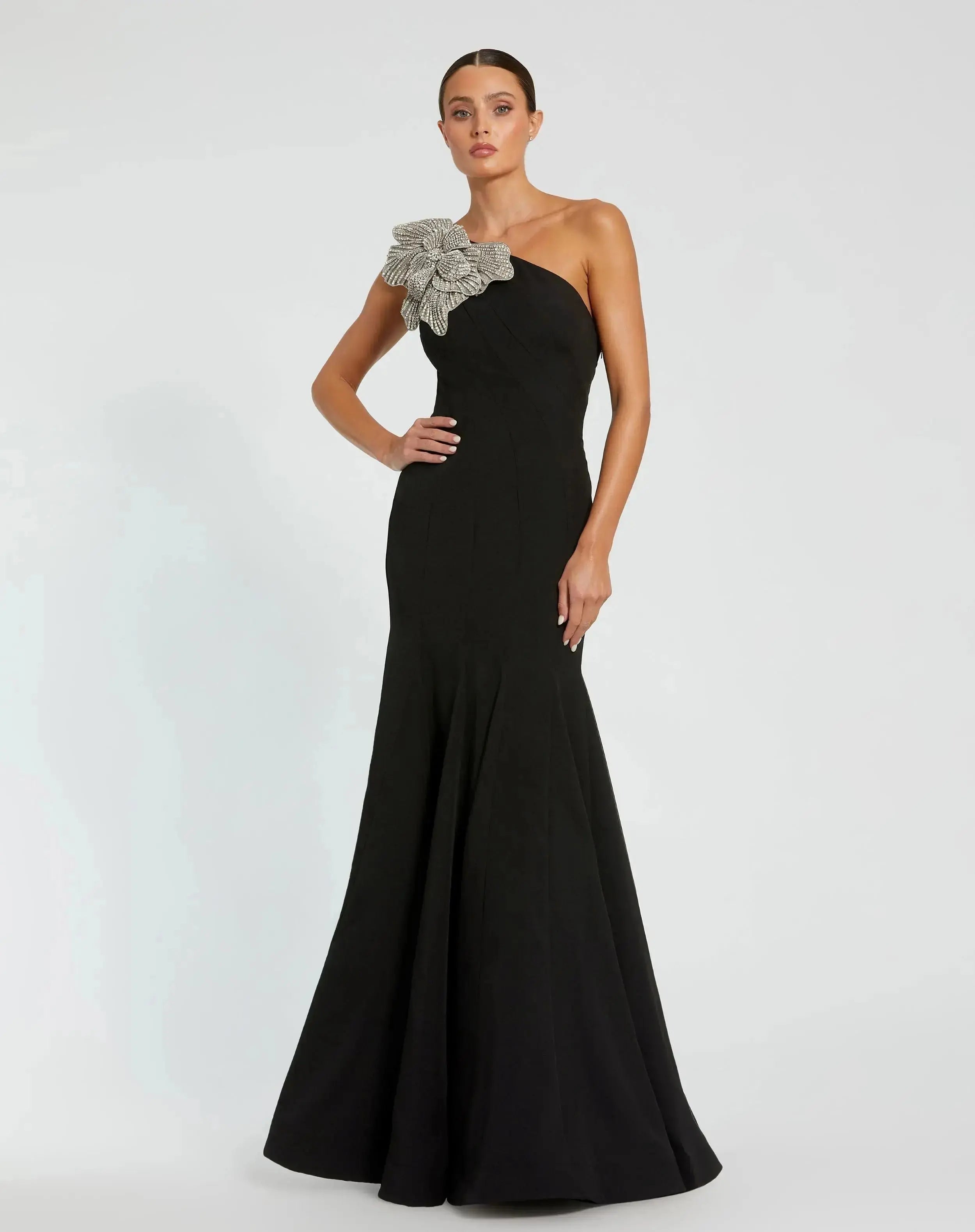 Black Petite Crepe One Shoulder Mermaid Gown With Flower Mac Duggal