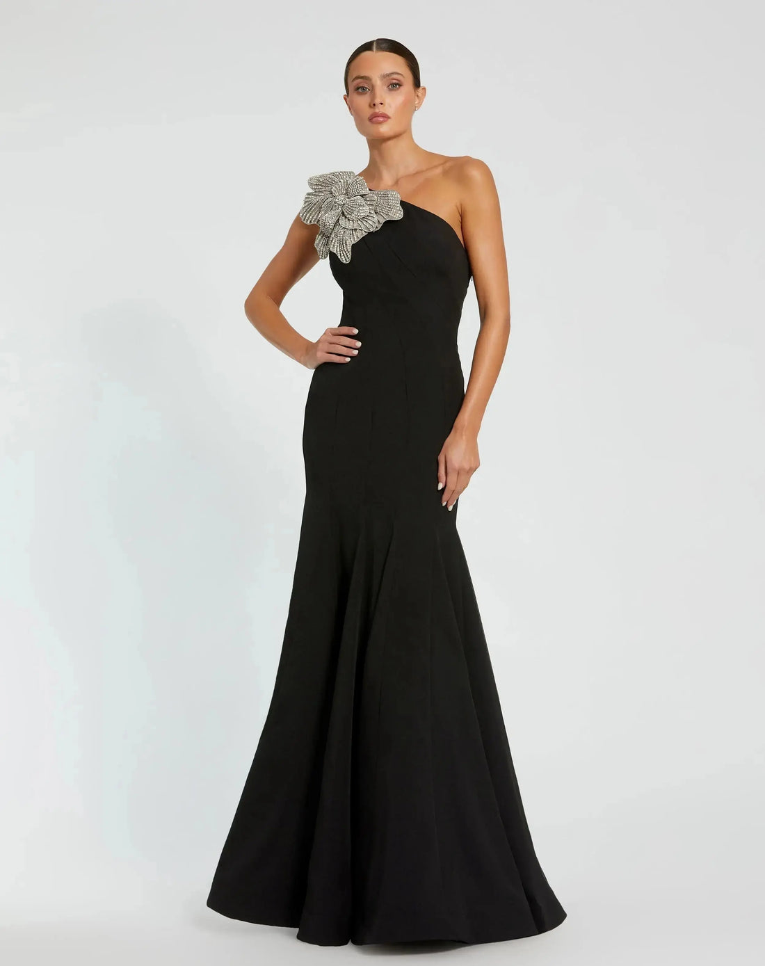 Black Petite Crepe One Shoulder Mermaid Gown With Flower Mac Duggal